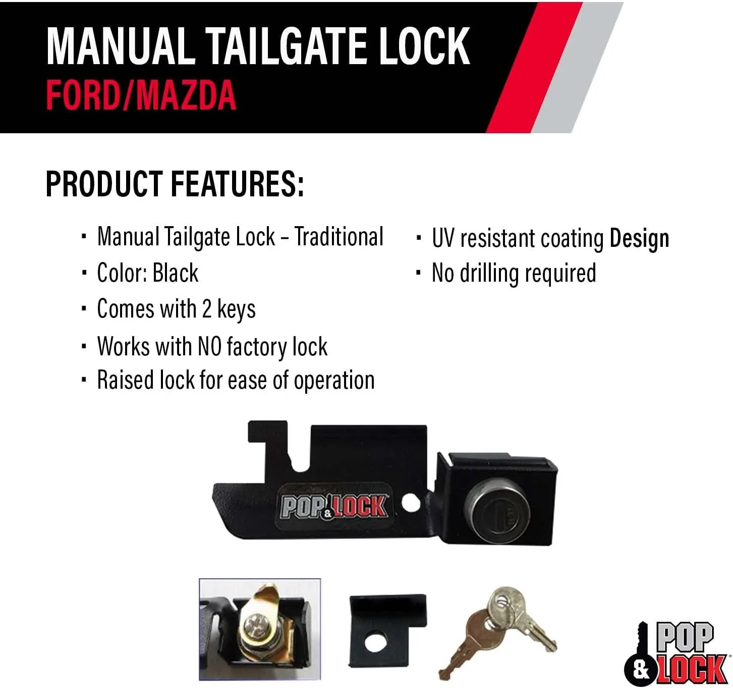 Pop & Lock – Manual Tailgate Lock for Ford F150, Fits 1987 to 1996 - Works Only with Factory Plastic Handle (Black, PL2310)