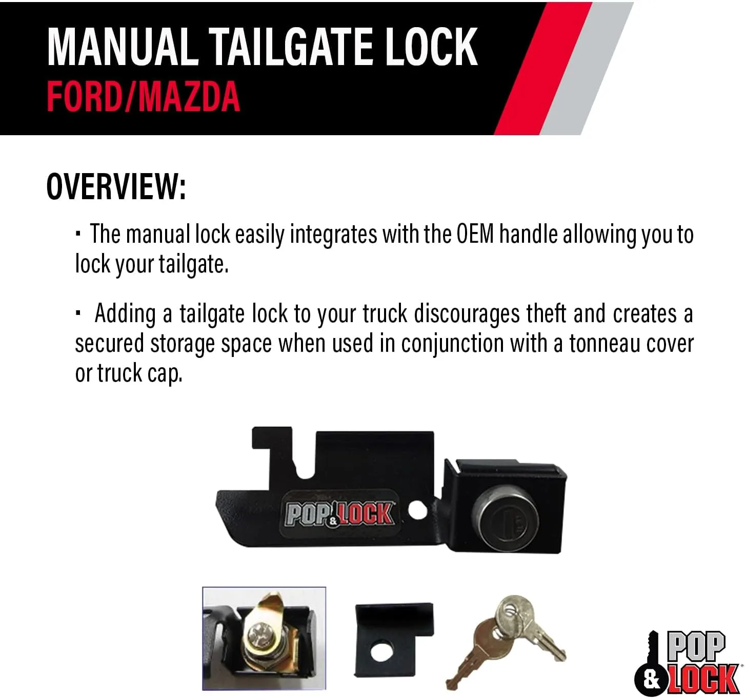 Pop & Lock – Manual Tailgate Lock for Ford F150, Fits 1987 to 1996 - Works Only with Factory Plastic Handle (Black, PL2310)
