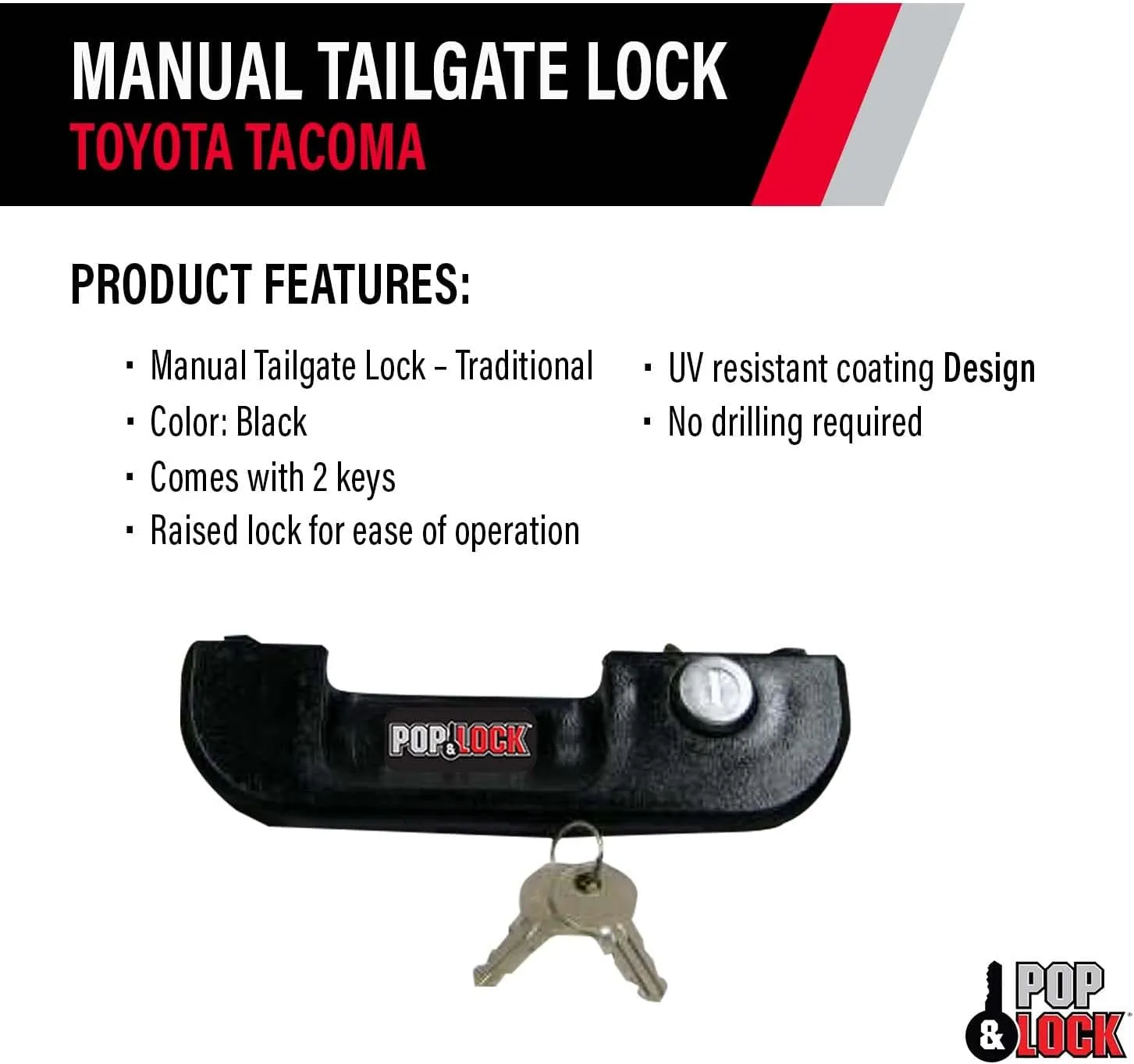 Pop & Lock – Manual Tailgate Lock for Toyota Tacoma, Fits 1995 to 2004 Models (Color Black, PL5100, Standard Lock)