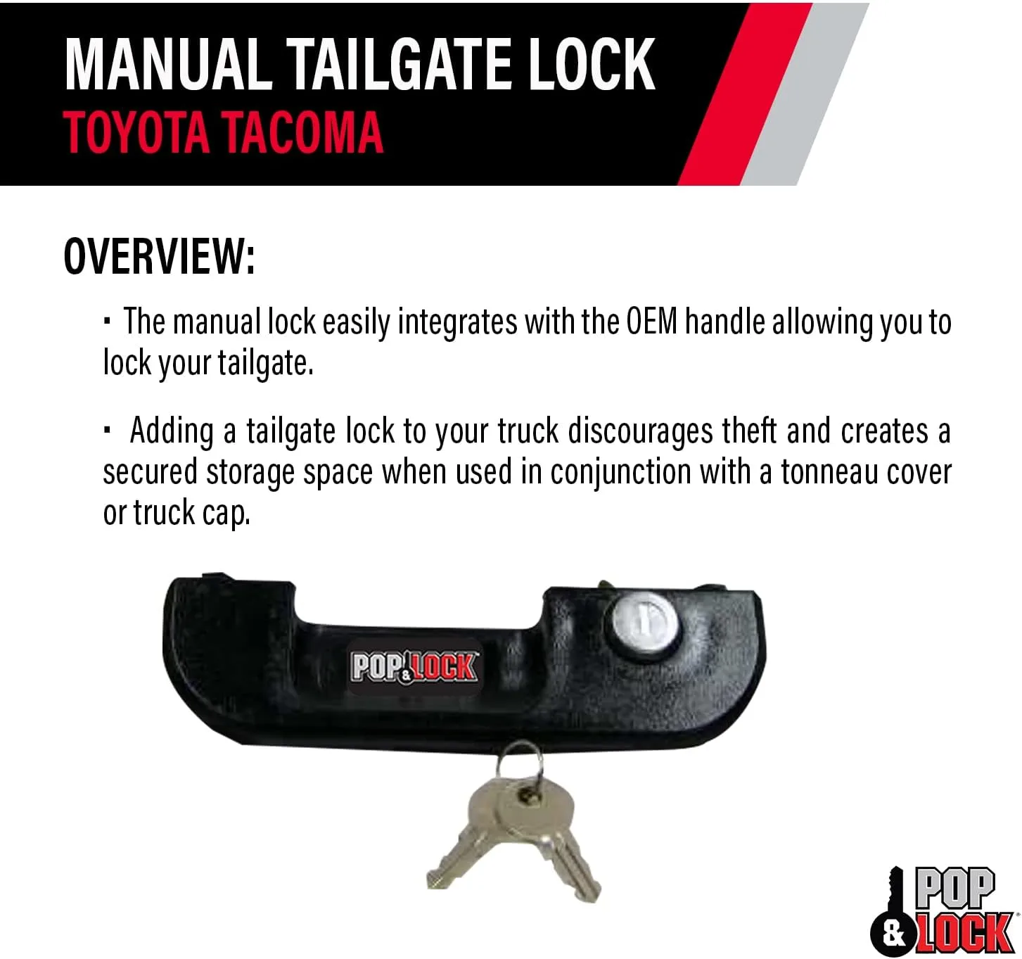 Pop & Lock – Manual Tailgate Lock for Toyota Tacoma, Fits 1995 to 2004 Models (Color Black, PL5100, Standard Lock)