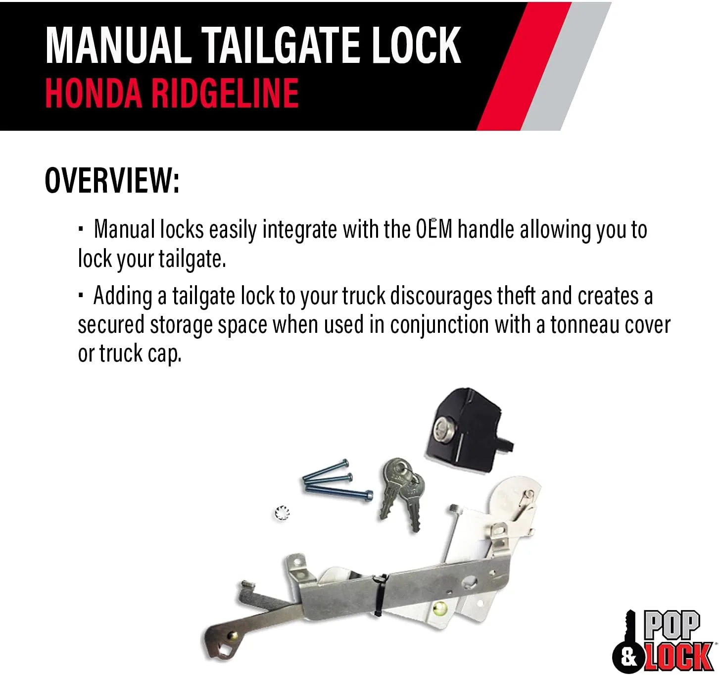 Pop & Lock PL6100 Black Manual Tailgate Lock for Honda Ridgeline (Works with/Without Factory Backup Camera)