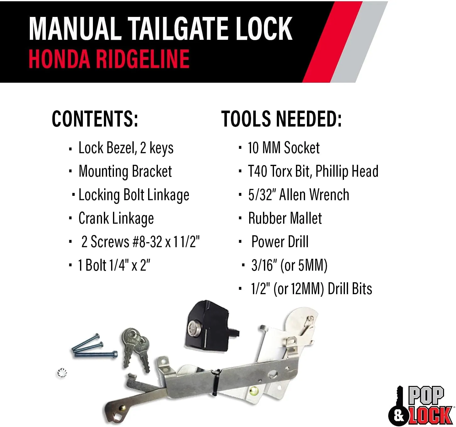 Pop & Lock PL6100 Black Manual Tailgate Lock for Honda Ridgeline (Works with/Without Factory Backup Camera)