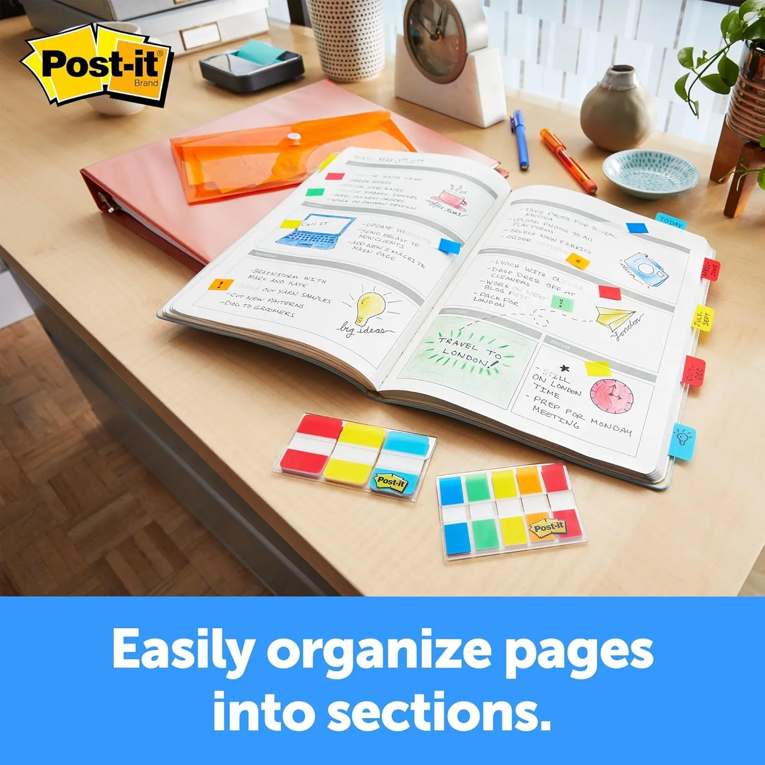 Post-it Tabs, 1 in Solid, Aqua, Yellow, Pink, Red, Green, Orange, 6/Color, 36/Dispenser (686-ALOPRYT) 0.4" x 2.8"