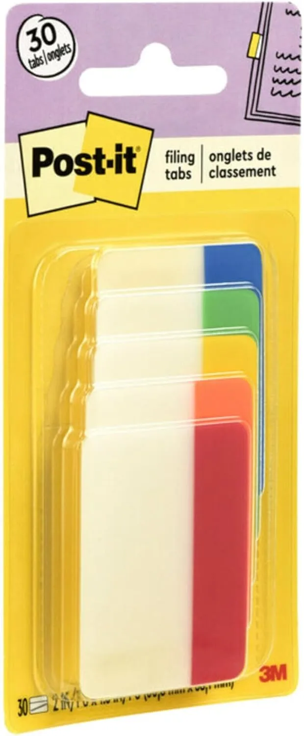 Post-it Tabs, 2 in, Solid, Assorted Colors, 6 Tabs/Color, 5 Colors, 30 Tabs/Pack (686-ROYGB)