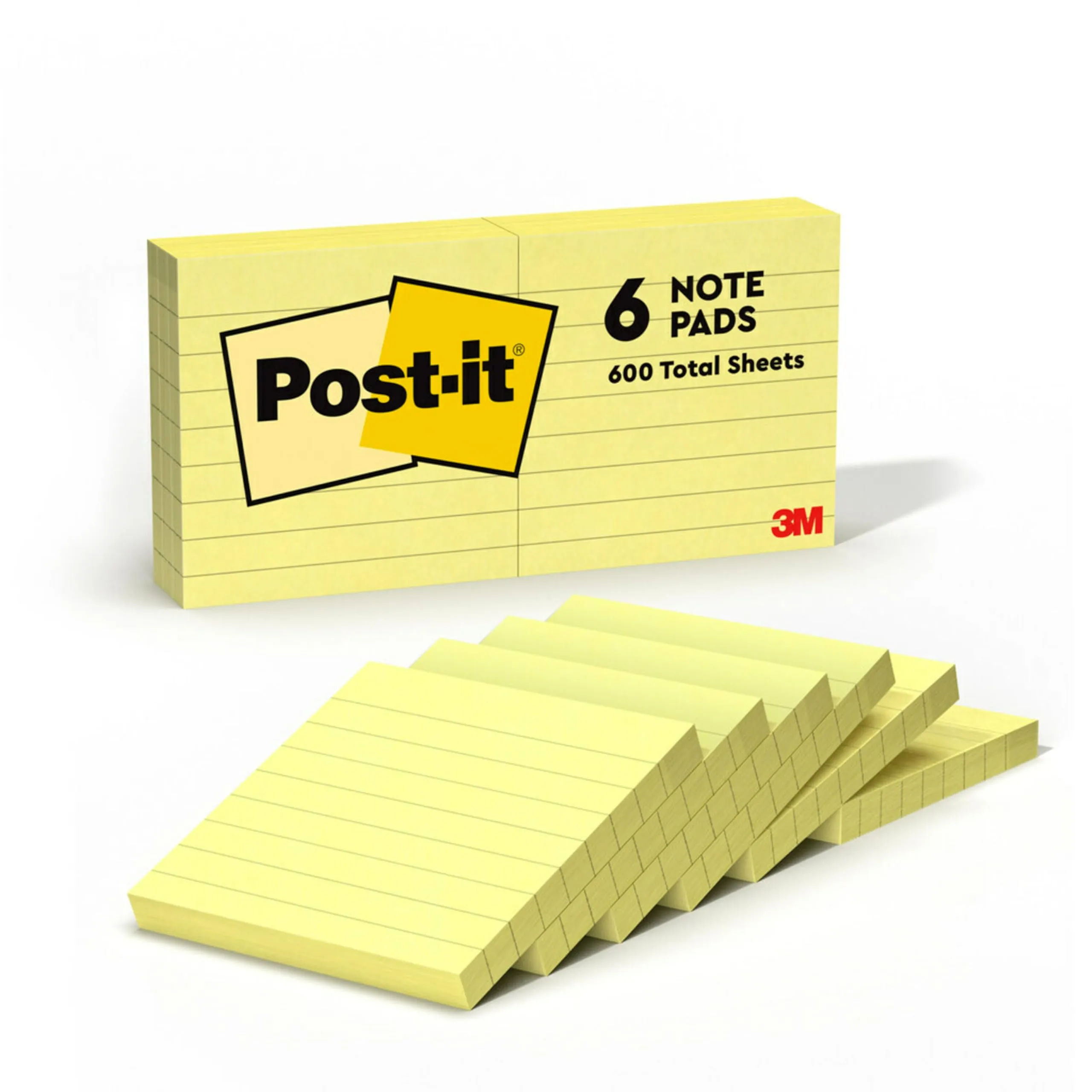 Post-it Notes, 3 in x 3 in, 6 Lined Pads, 100 Sheets per Pad, Canary Yellow (630-6PK)