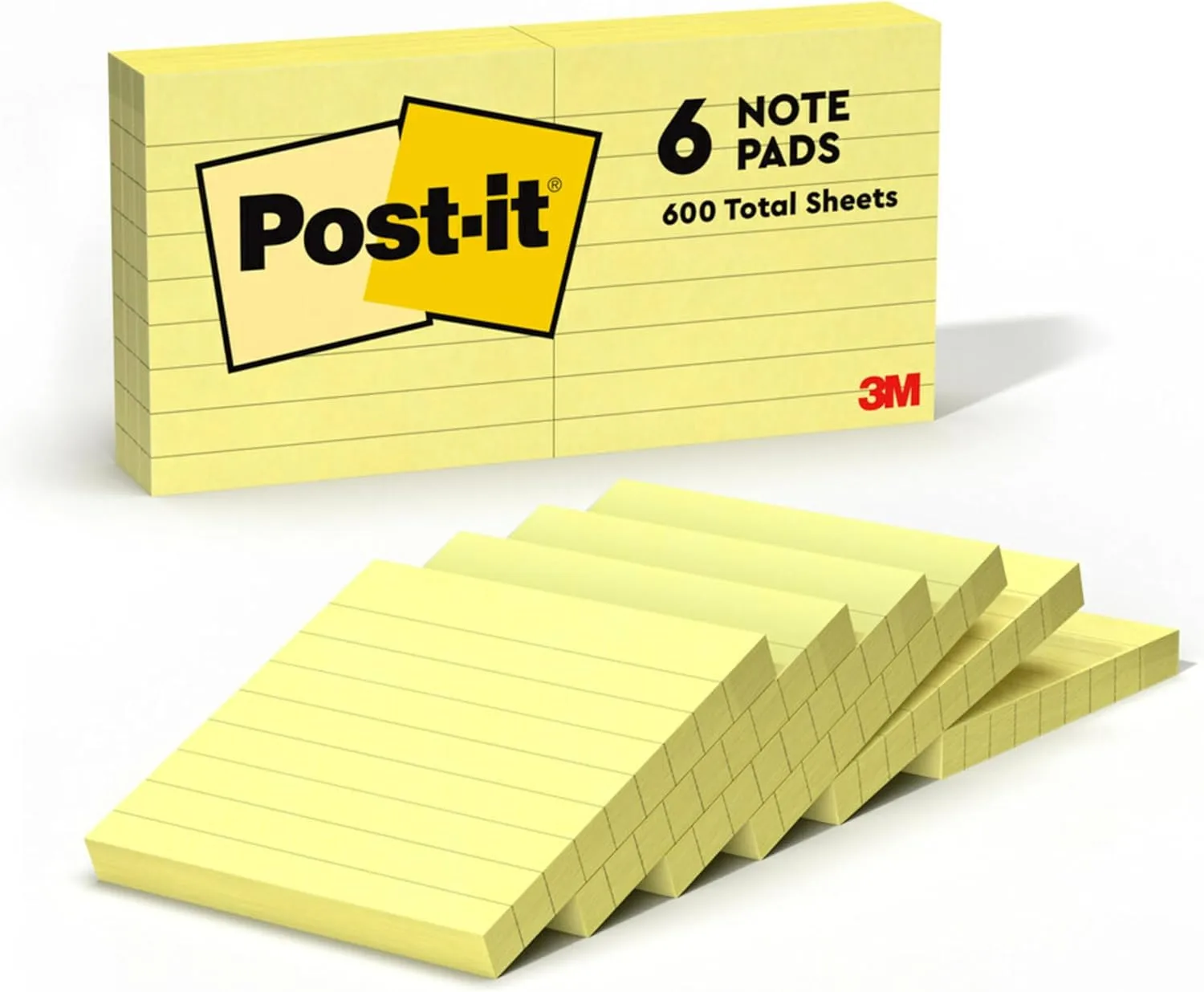 Post-it Notes, 3 in x 3 in, 6 Lined Pads, 100 Sheets per Pad, Canary Yellow (630-6PK)