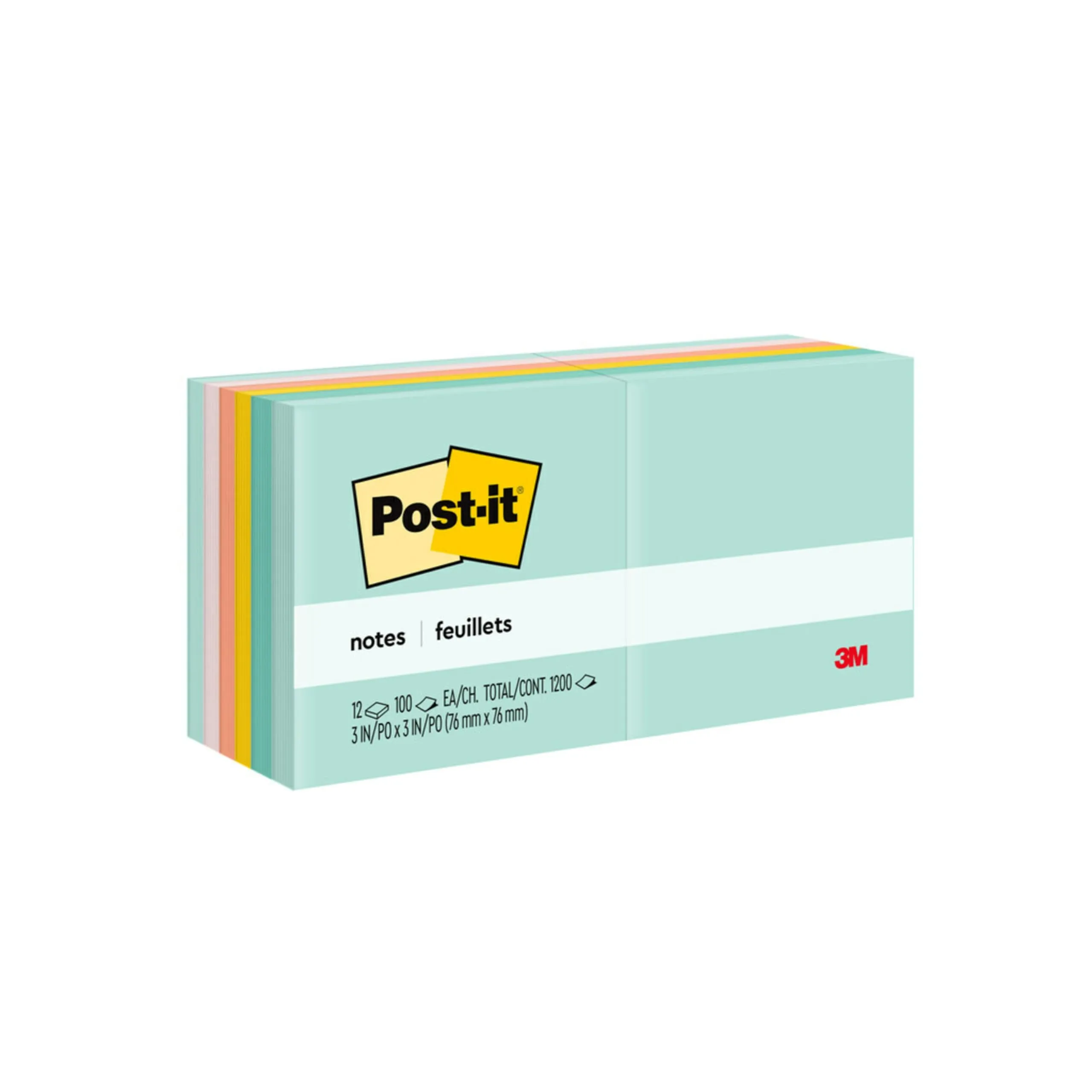 Post-it Notes, 3 in x 3 in, 12 Sticky Note Pads, 100 Sheets per Pad, Beachside Café Collection, School Supplies and Office Products