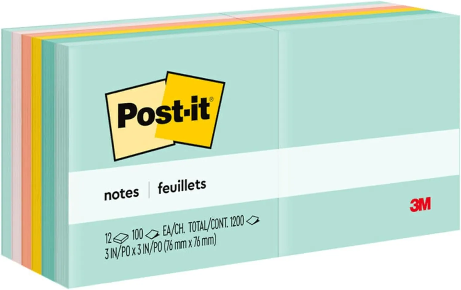 Post-it Notes, 3 in x 3 in, 12 Sticky Note Pads, 100 Sheets per Pad, Beachside Café Collection, School Supplies and Office Products