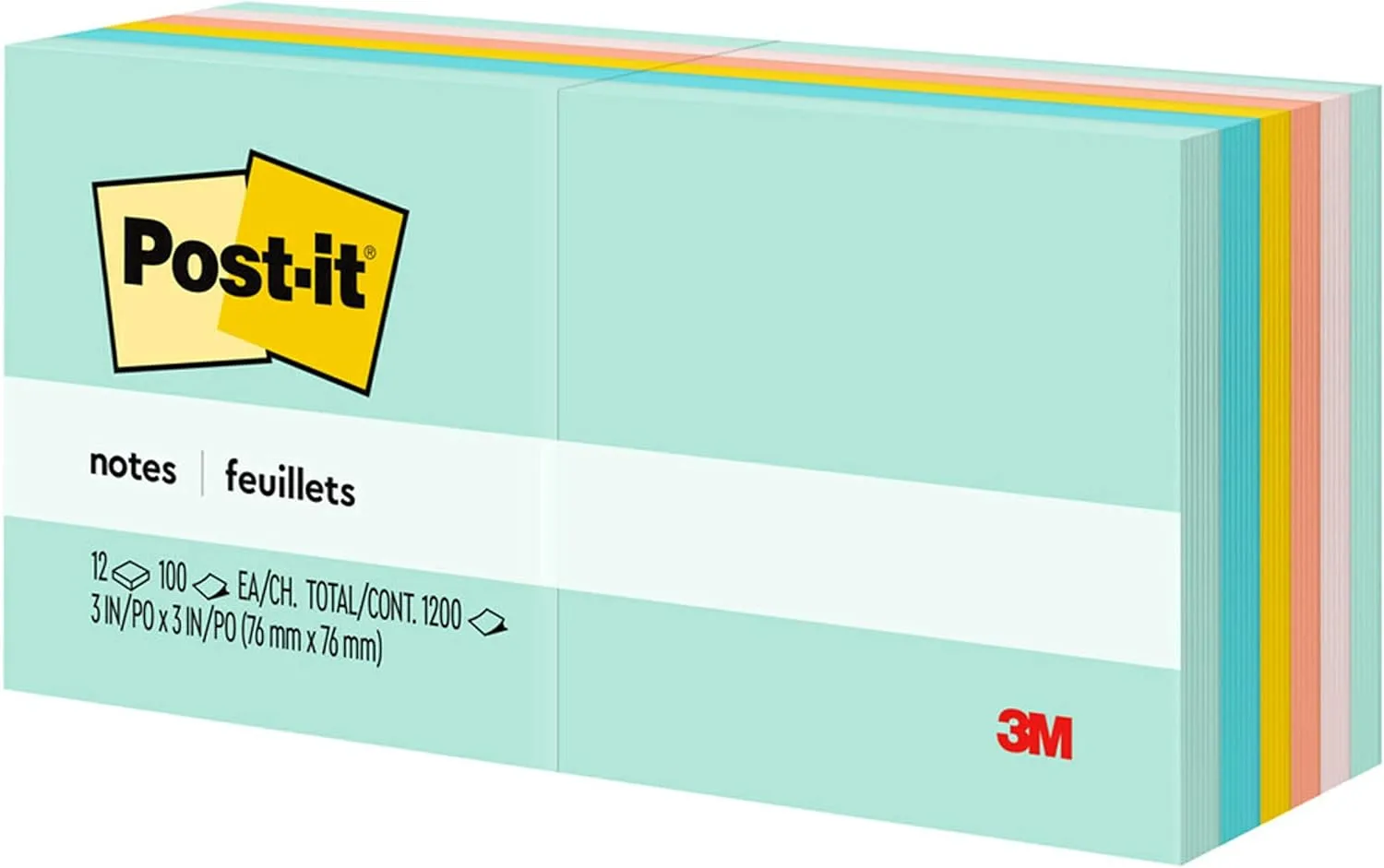 Post-it Notes, 3 in x 3 in, 12 Sticky Note Pads, 100 Sheets per Pad, Beachside Café Collection, School Supplies and Office Products
