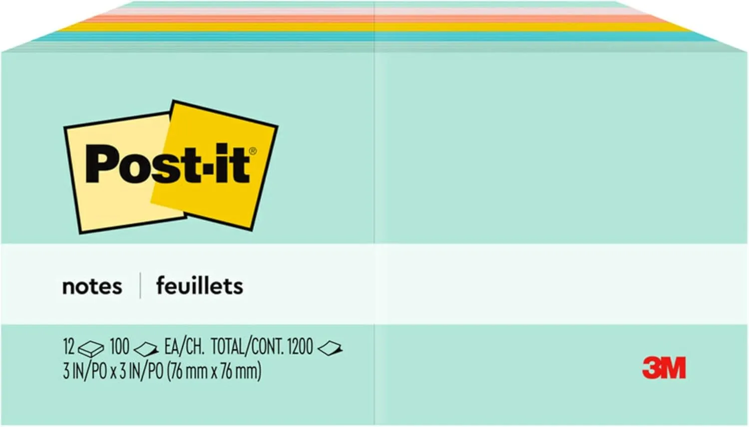 Post-it Notes, 3 in x 3 in, 12 Sticky Note Pads, 100 Sheets per Pad, Beachside Café Collection, School Supplies and Office Products