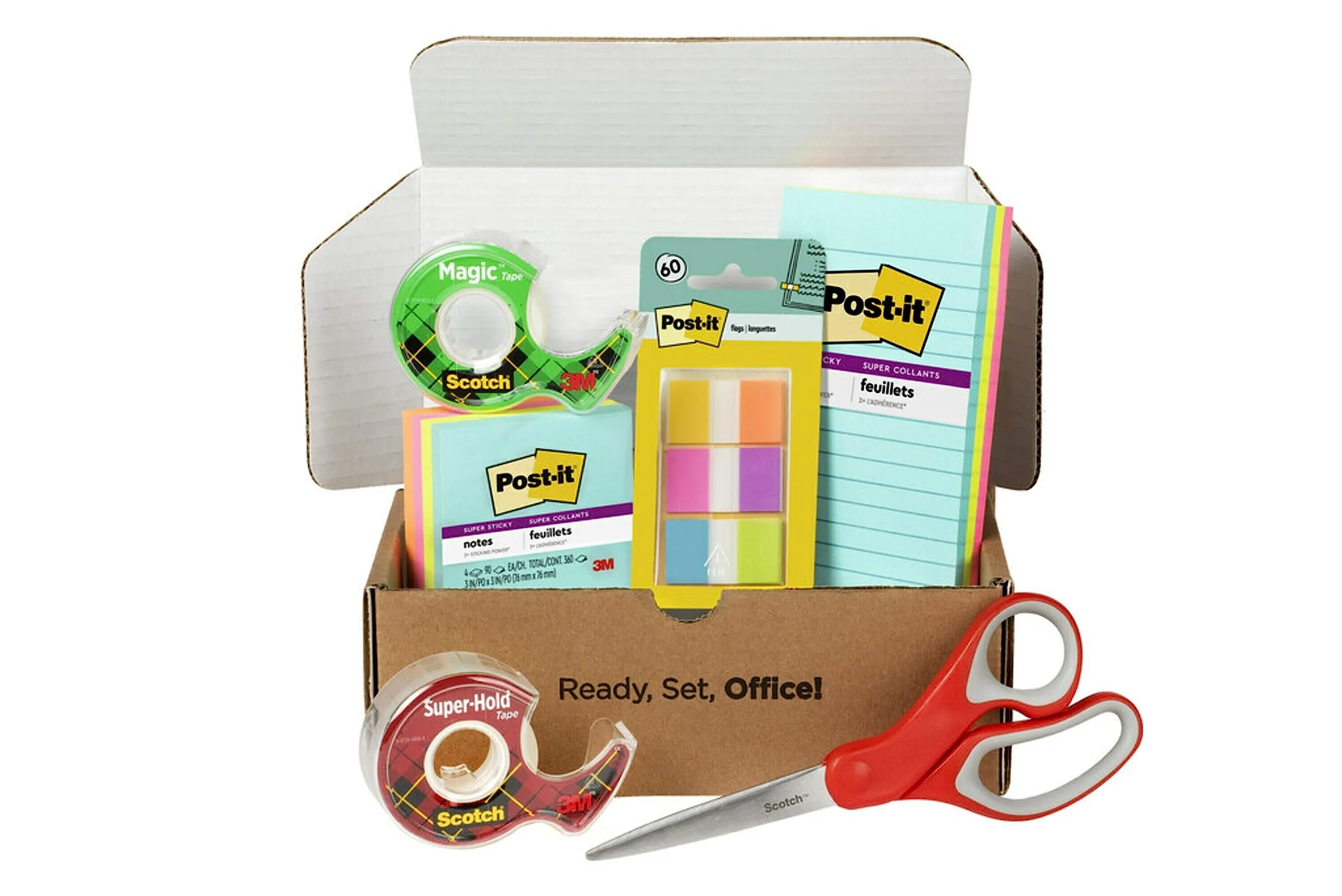 Post-it and Scotch Brand Essentials Pack, Back to School and Office Supplies, Includes Post-it Super Sticky Notes, Flags, Scotch Magic and Super Hold Tape, and Multi-Purpose Scissors