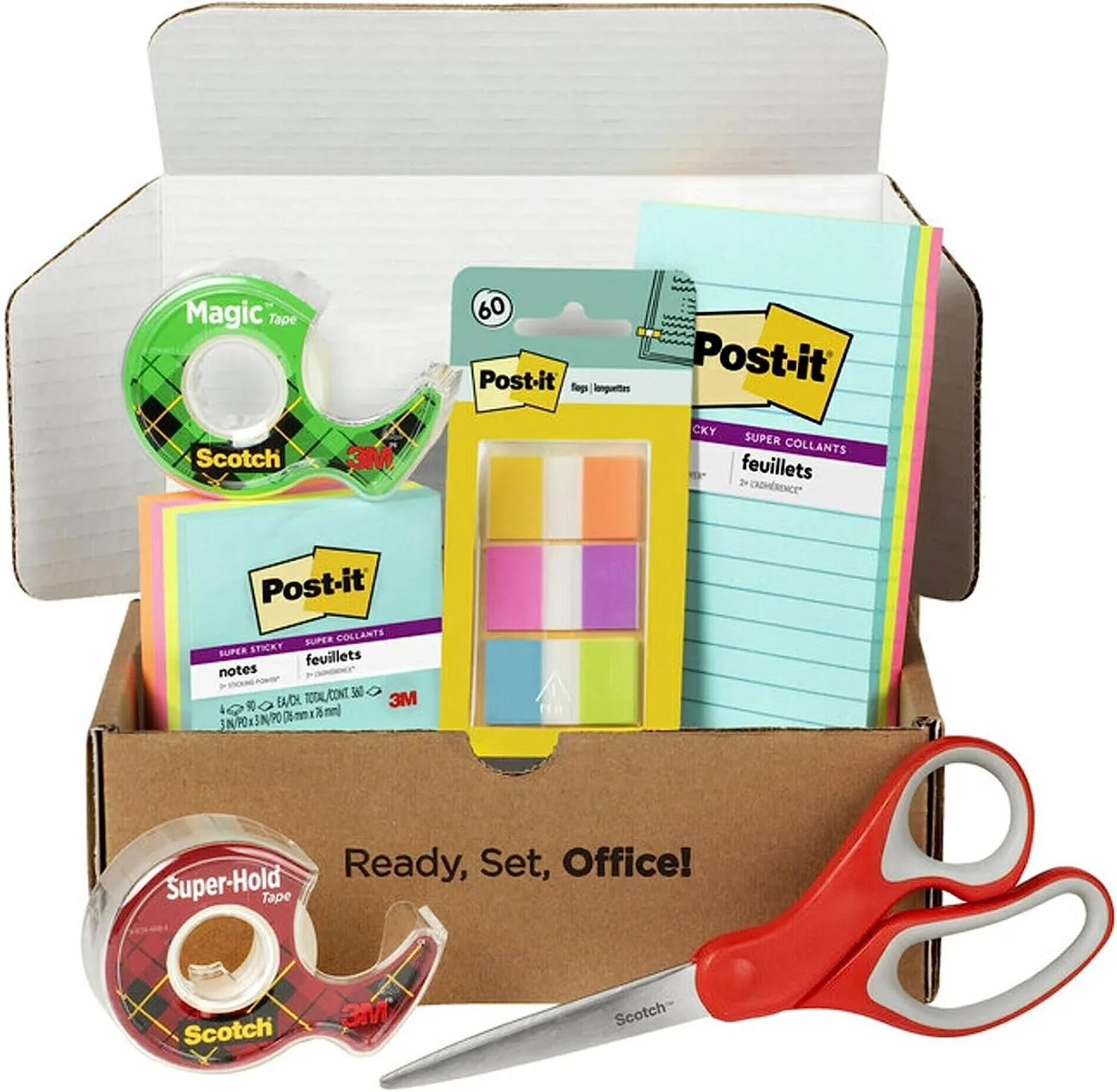 Post-it and Scotch Brand Essentials Pack, Back to School and Office Supplies, Includes Post-it Super Sticky Notes, Flags, Scotch Magic and Super Hold Tape, and Multi-Purpose Scissors