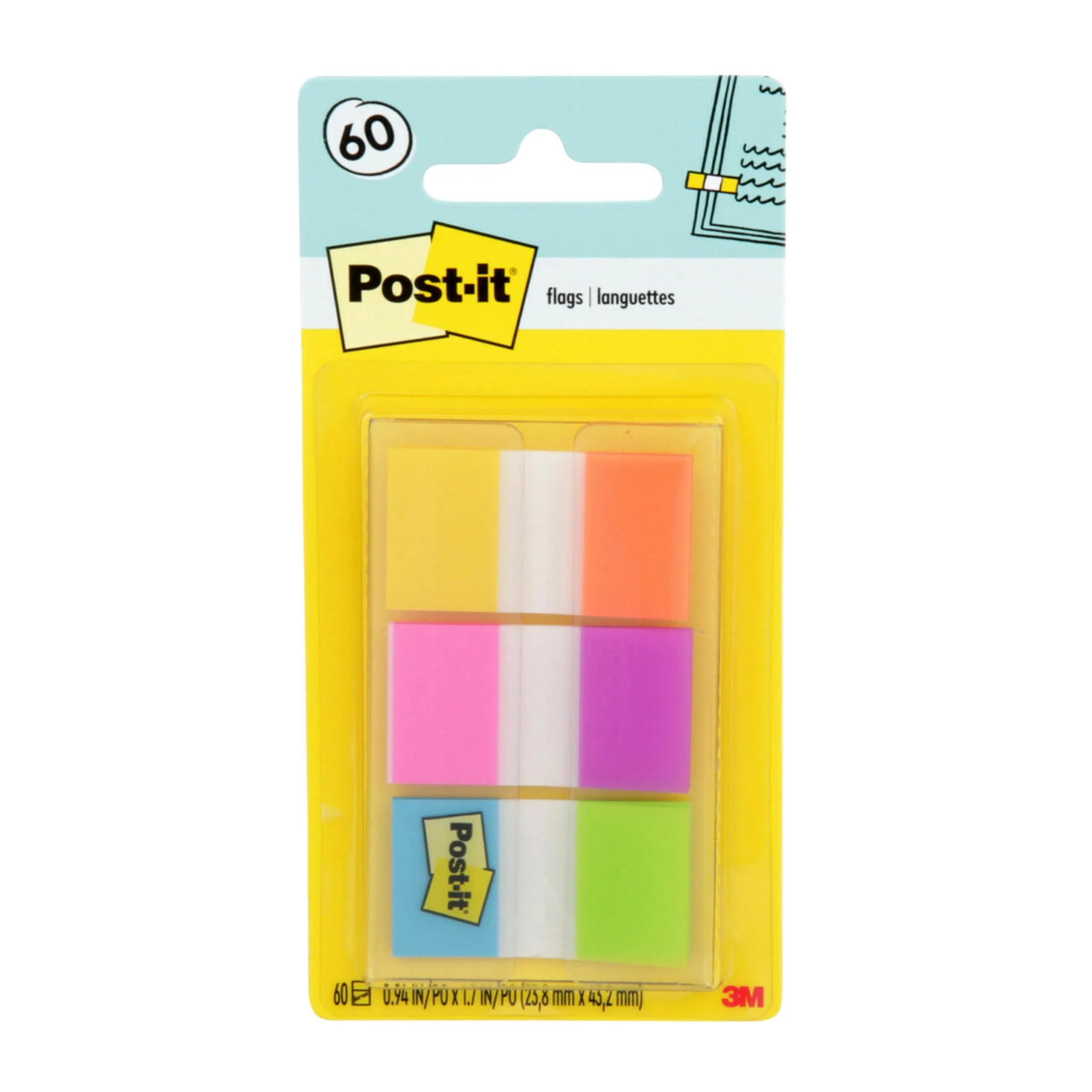 Post-it Flags, 60/On-The-Go Dispenser, .94 in Wide, Alternating Electric Glow Collection (680-EG-ALT)