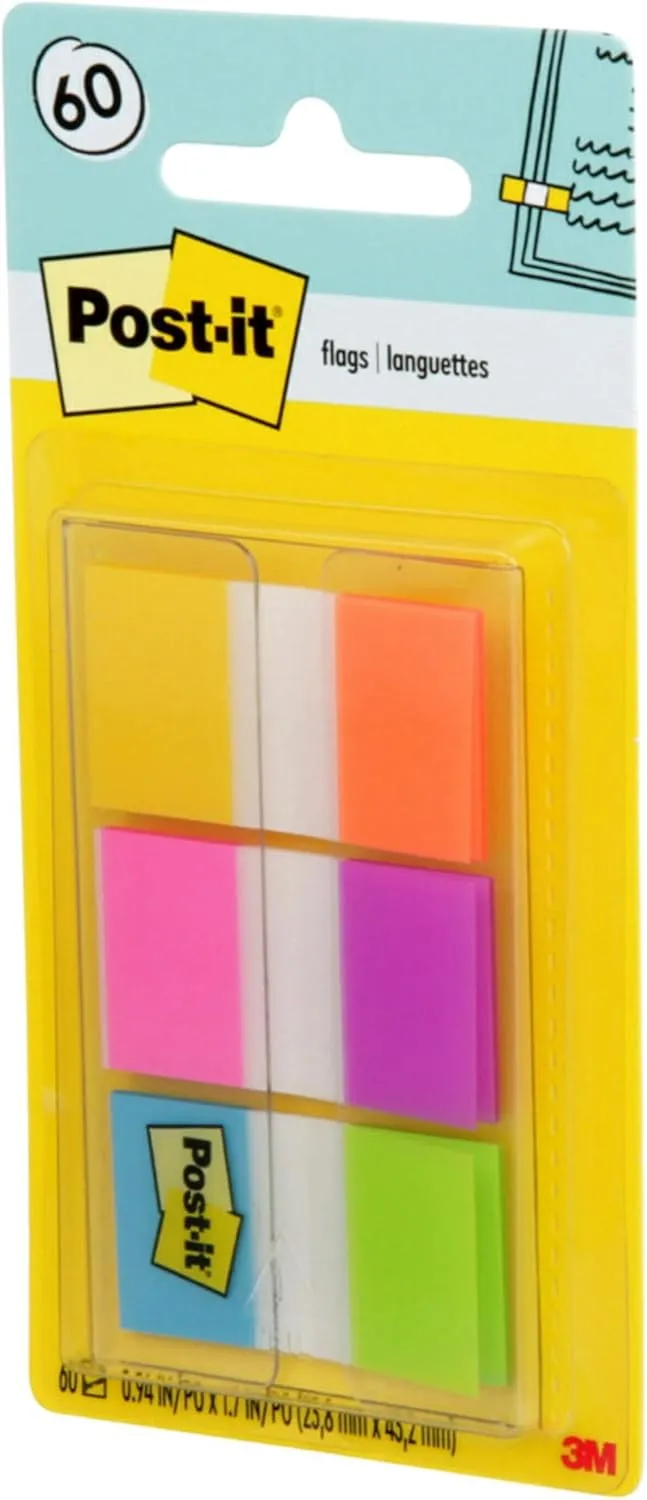 Post-it Flags, 60/On-The-Go Dispenser, .94 in Wide, Alternating Electric Glow Collection (680-EG-ALT)