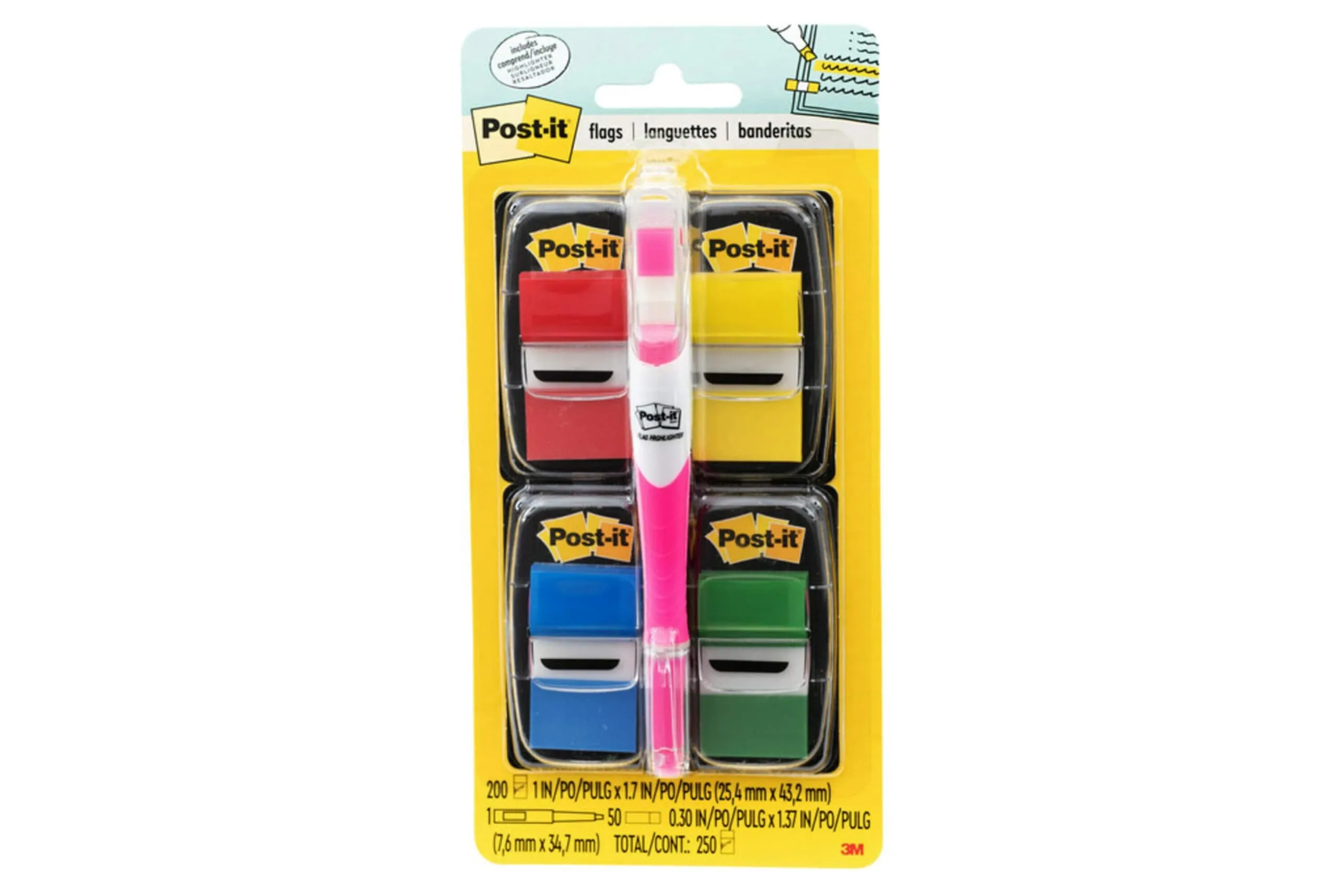 Post-it Flags Value Pack, 50/Dispenser, 4 Dispensers/Pack, 1 in Wide, Assorted Colors, Includes Free Flags + Highlighter (680-RYBGVA)