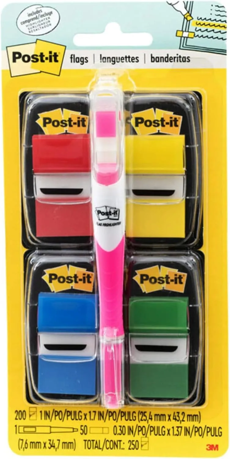 Post-it Flags Value Pack, 50/Dispenser, 4 Dispensers/Pack, 1 in Wide, Assorted Colors, Includes Free Flags + Highlighter (680-RYBGVA)