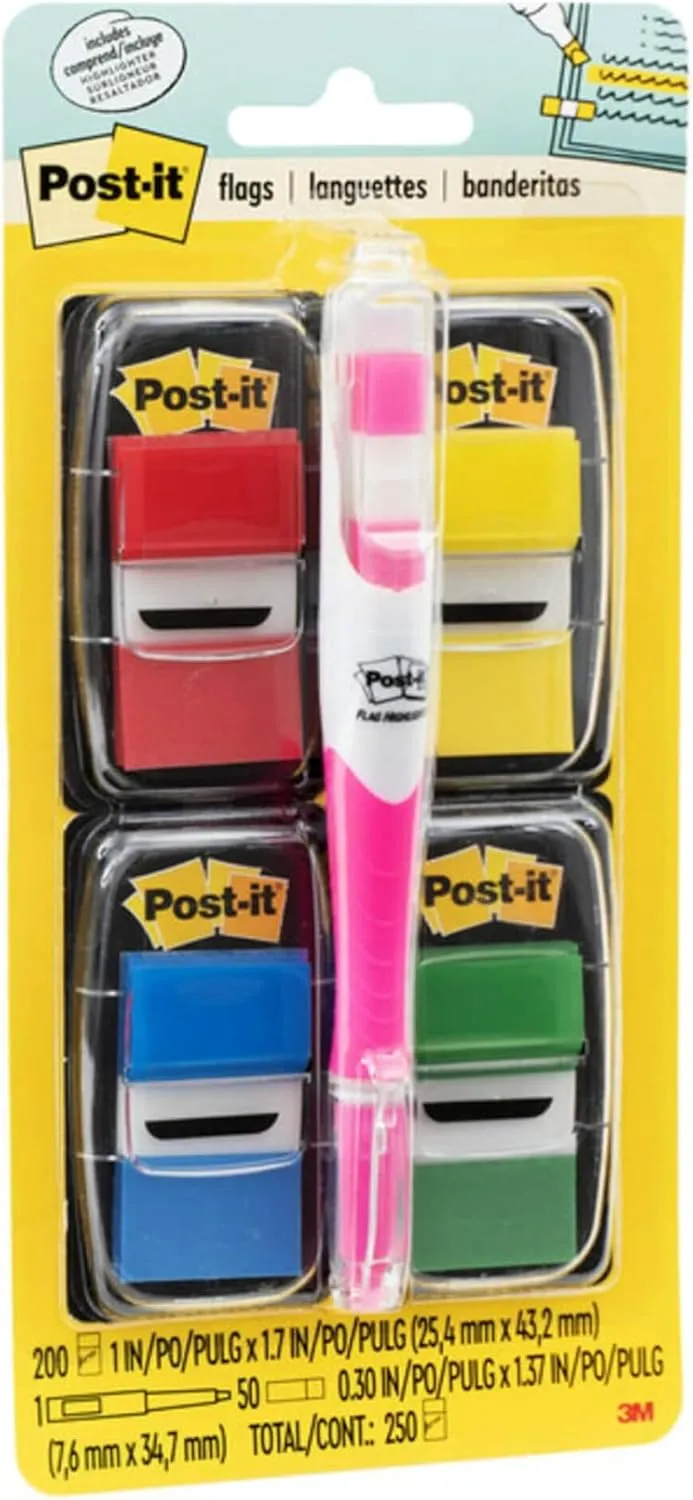 Post-it Flags Value Pack, 50/Dispenser, 4 Dispensers/Pack, 1 in Wide, Assorted Colors, Includes Free Flags + Highlighter (680-RYBGVA)