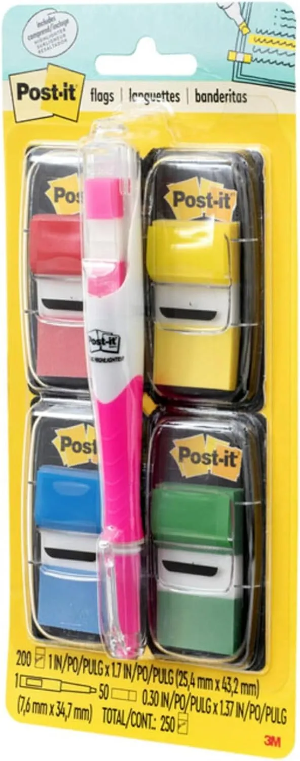 Post-it Flags Value Pack, 50/Dispenser, 4 Dispensers/Pack, 1 in Wide, Assorted Colors, Includes Free Flags + Highlighter (680-RYBGVA)