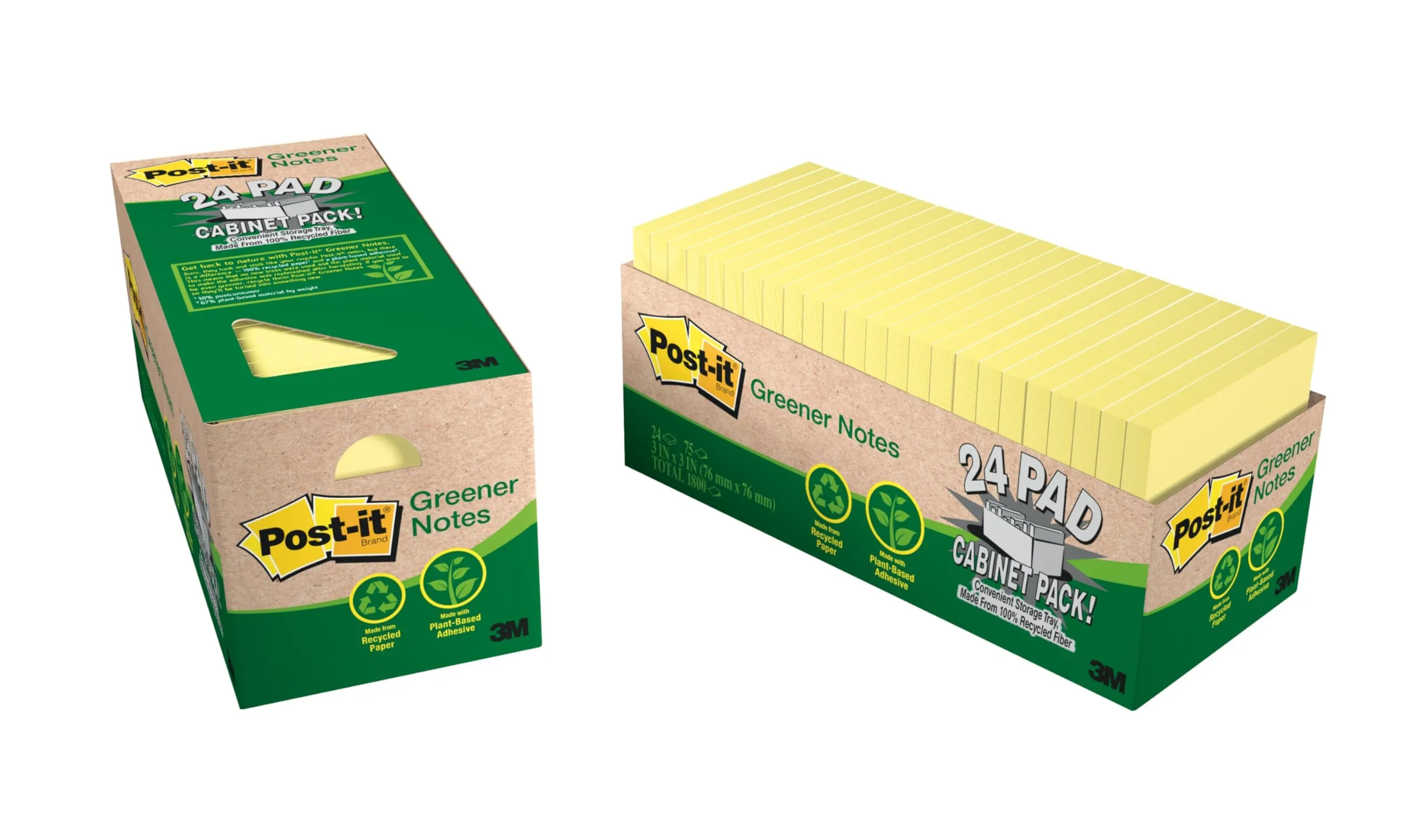 Post-it Greener Notes, 3 in x 3 in, 24 Pads, Canary Yellow (654R-24CP-CY)