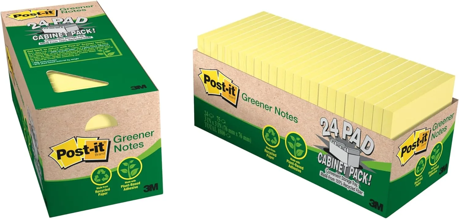 Post-it Greener Notes, 3 in x 3 in, 24 Pads, Canary Yellow (654R-24CP-CY)