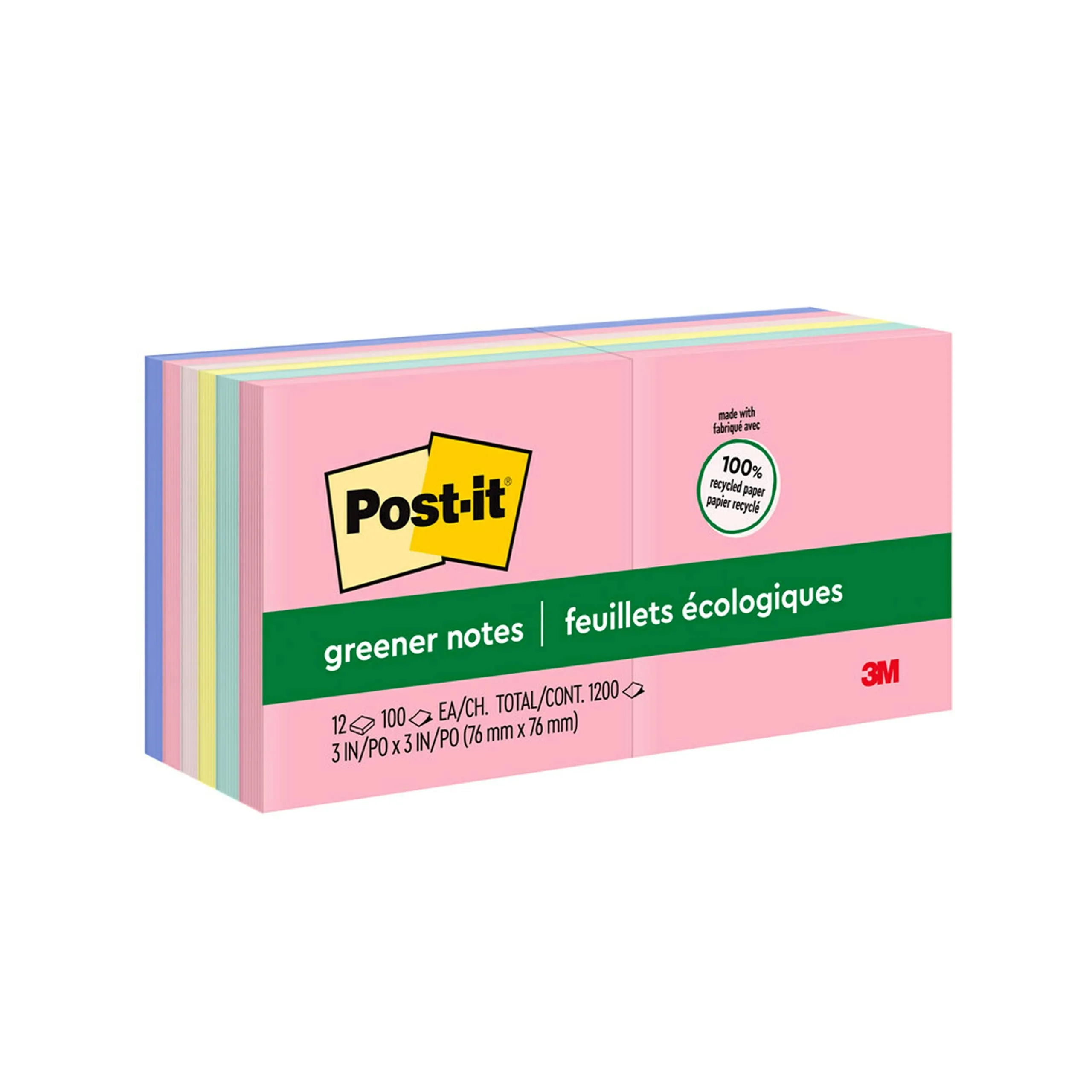 Post-it Greener Notes, 3x3 in, 12 Pads, Sweet Sprinkles, 100% Recycled (654-RP-A)