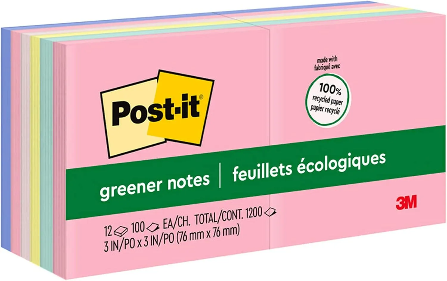 Post-it Greener Notes, 3x3 in, 12 Pads, Sweet Sprinkles, 100% Recycled (654-RP-A)