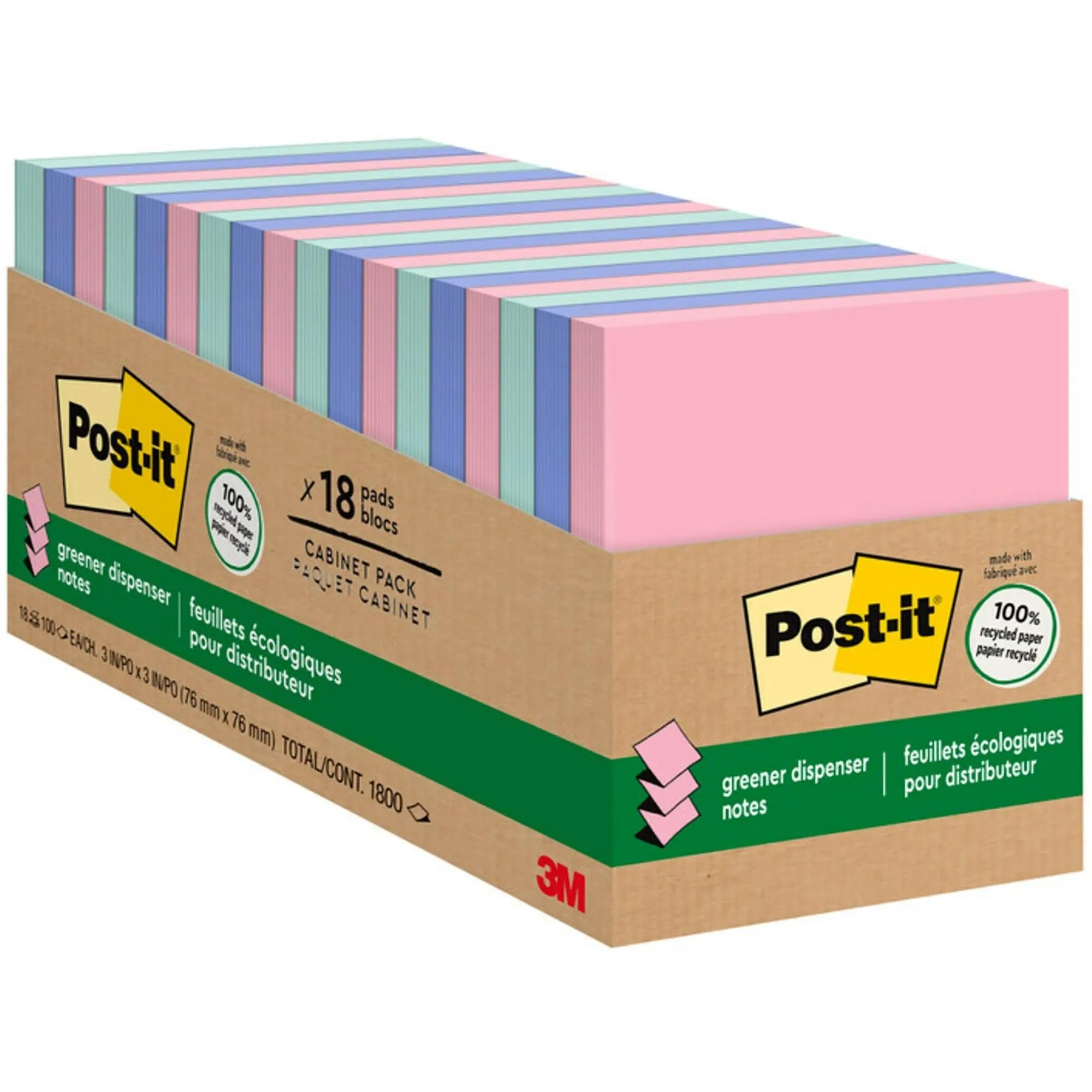 Post-it Greener Pop Up Notes, 3 in x 3 in, 18 Pads, 100 Sheets/Pad