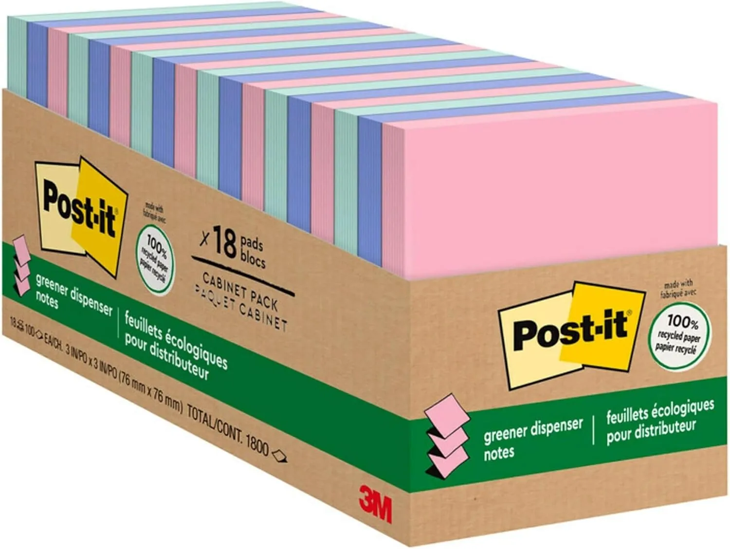 Post-it Greener Pop Up Notes, 3 in x 3 in, 18 Pads, 100 Sheets/Pad