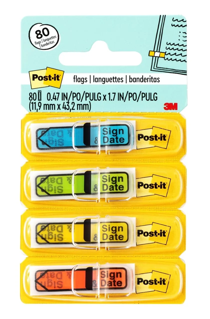 Post-it Message Flags, Sign & Date, 4 Dispensers, 20 Flags/Dispenser (684-SD)