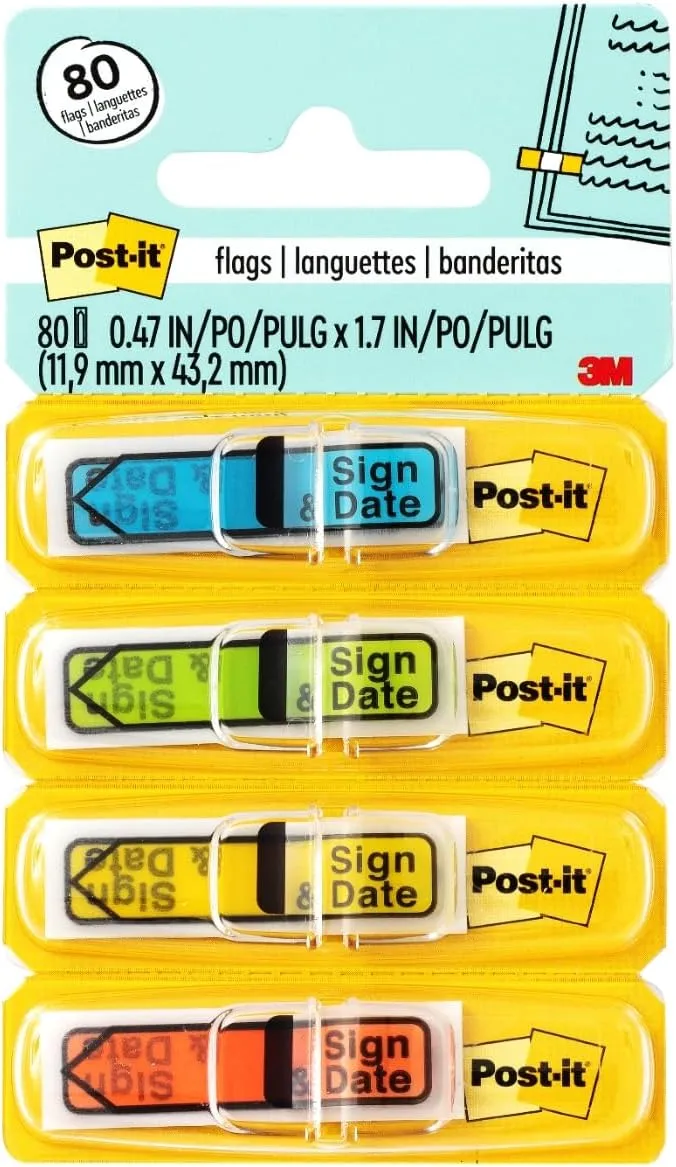 Post-it Message Flags, Sign & Date, 4 Dispensers, 20 Flags/Dispenser (684-SD)