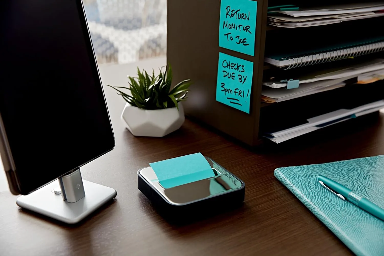 Post-it Note Dispenser with Pop-Up Notes, Black Base & Steel Top