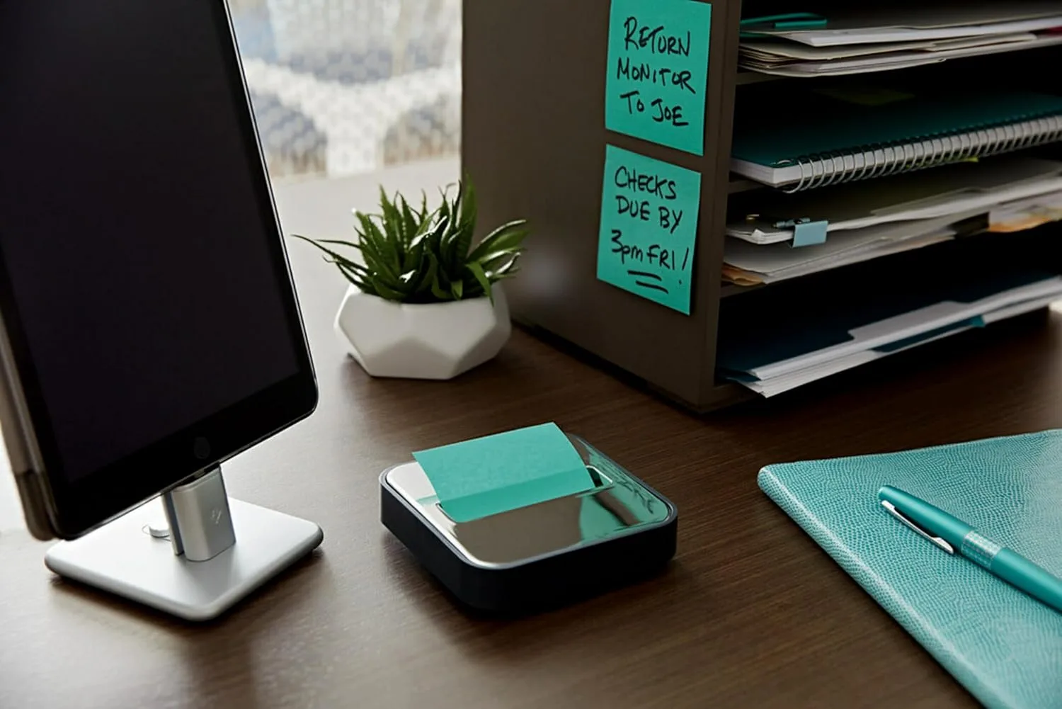 Post-it Note Dispenser with Pop-Up Notes, Black Base & Steel Top