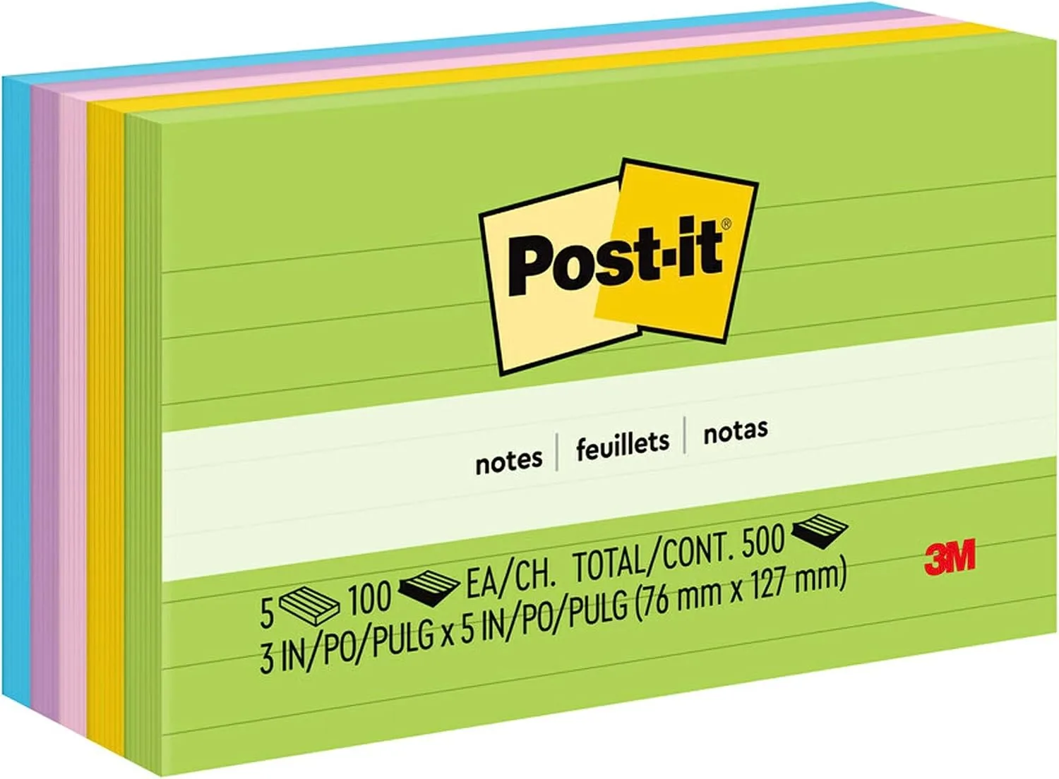 Post-it Notes, 3 in x 5 in, 5 Lined Pads, 100 Sheets/Pad, Floral Fantasy - 635-5AU