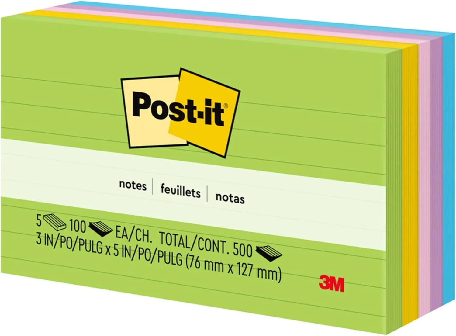 Post-it Notes, 3 in x 5 in, 5 Lined Pads, 100 Sheets/Pad, Floral Fantasy - 635-5AU