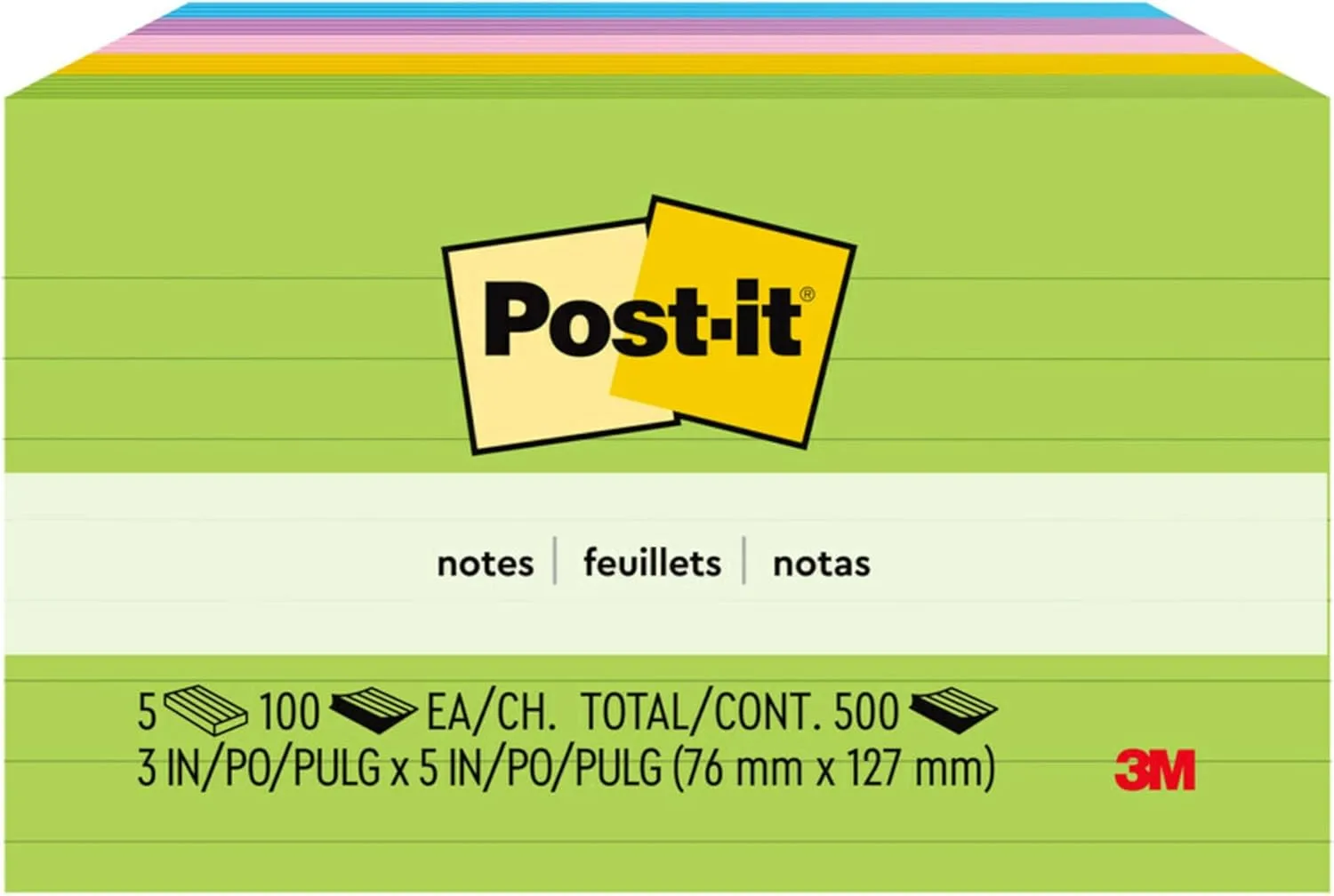 Post-it Notes, 3 in x 5 in, 5 Lined Pads, 100 Sheets/Pad, Floral Fantasy - 635-5AU