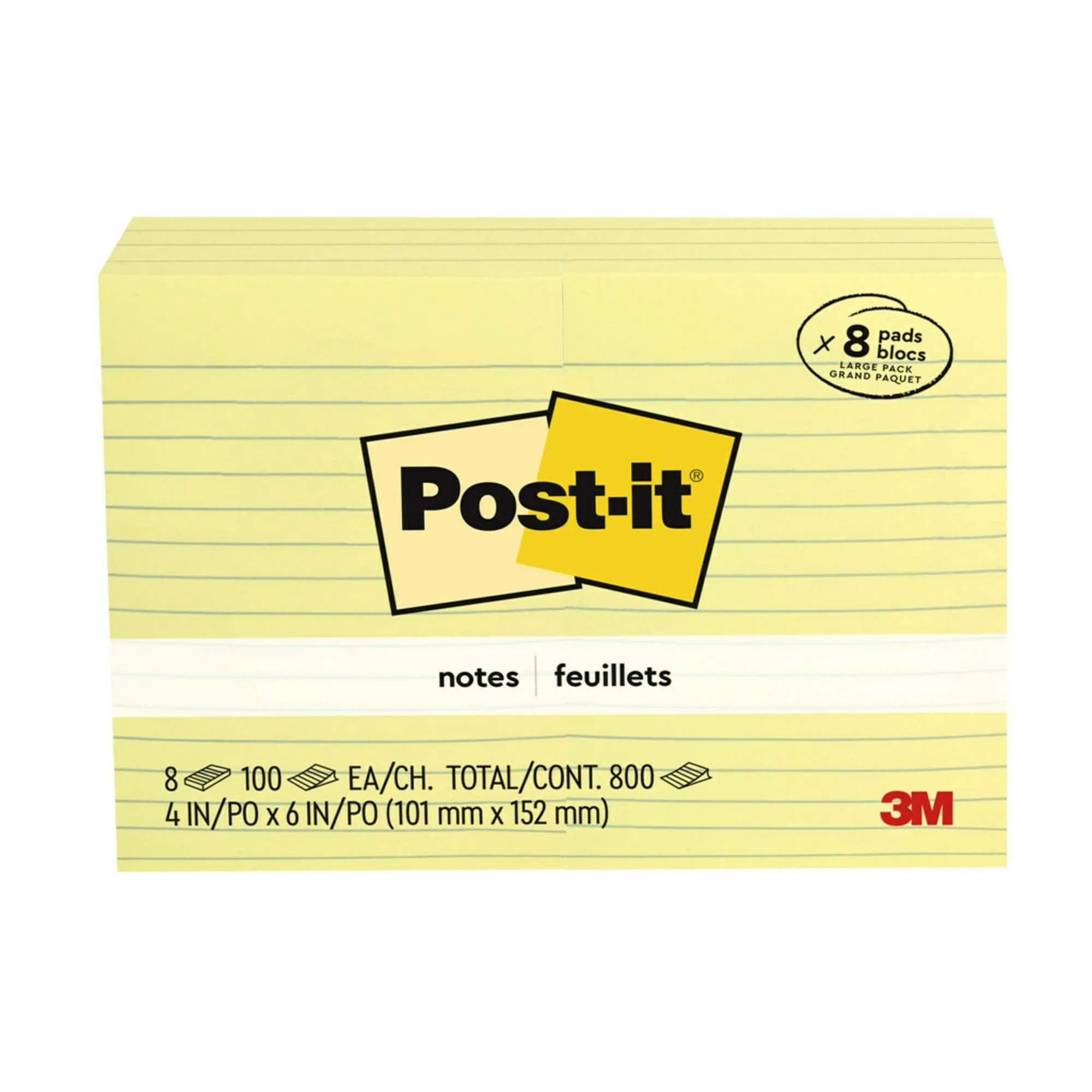 Post-it Notes, 4 x 6 in, Lined, Canary Yellow - 8 Pads (100 Sheets/Pad)