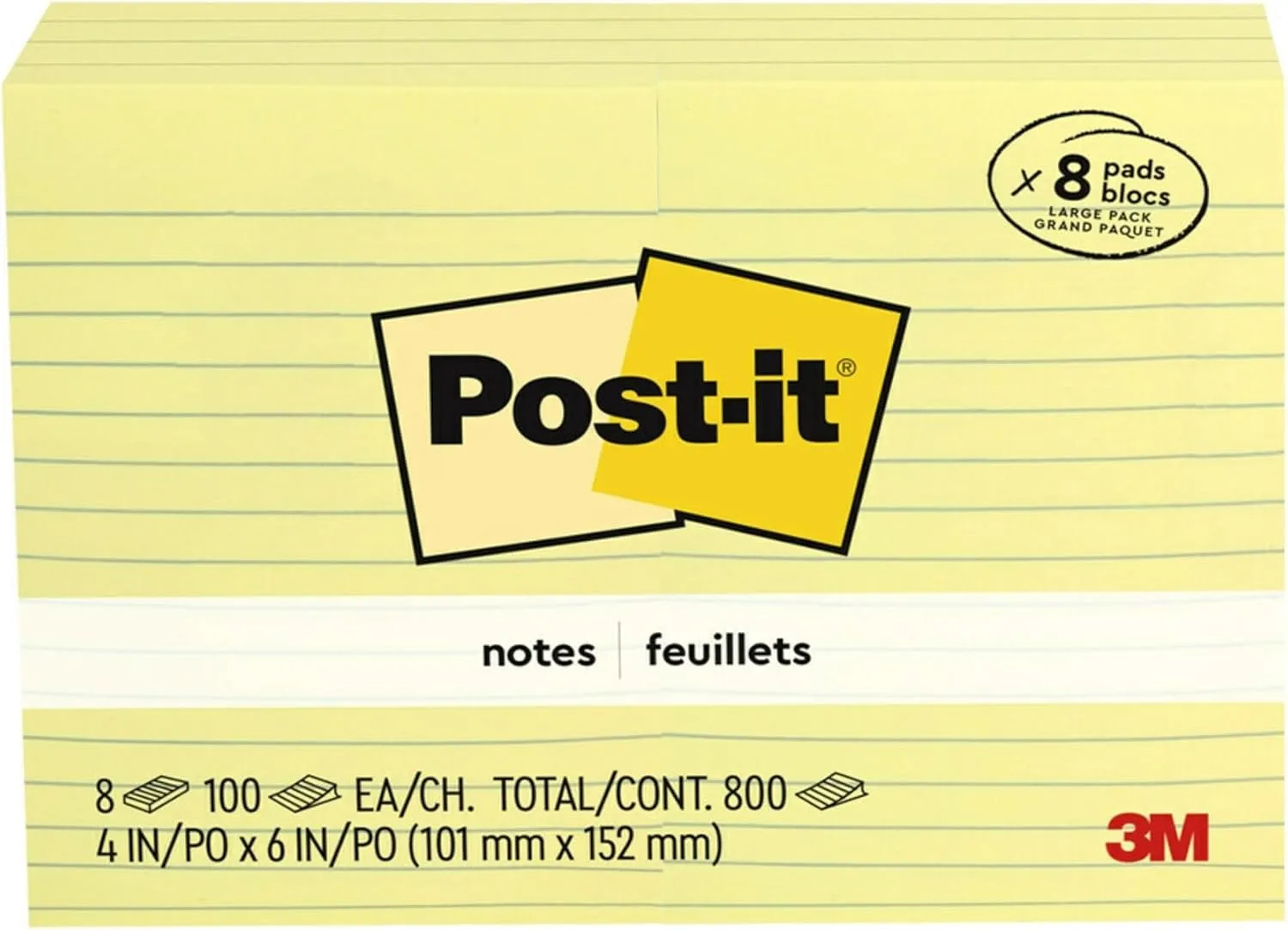 Post-it Notes, 4 x 6 in, Lined, Canary Yellow - 8 Pads (100 Sheets/Pad)