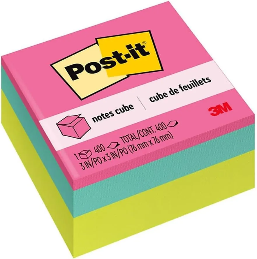Post-it Notes Cube, 3 in. x 3 in., Bright Colors, Power Pink, Aqua Splash, Acid Lime, 400 Sheets/Cube, 1 Cube/Pack