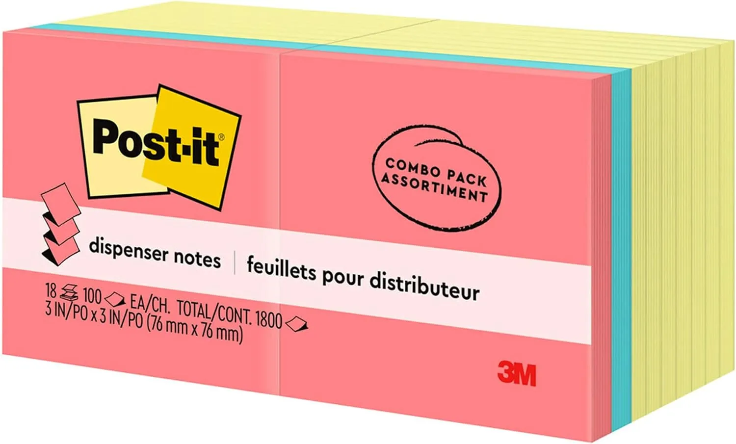 Post-it Dispenser Pop-up Notes, 3x3 in, 18 Pads, Assorted Colors