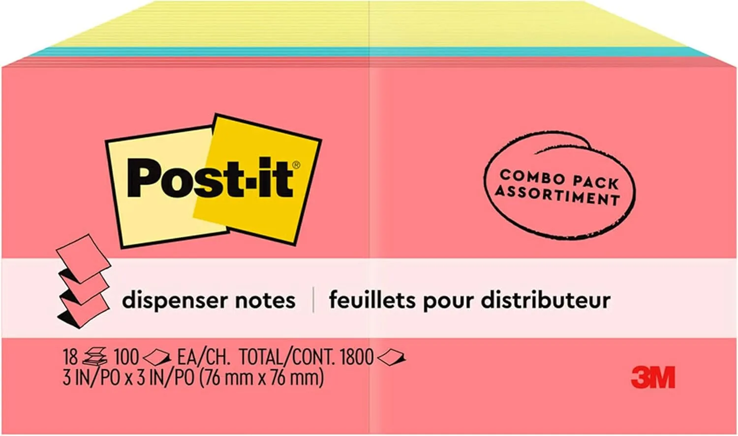 Post-it Dispenser Pop-up Notes, 3x3 in, 18 Pads, Assorted Colors