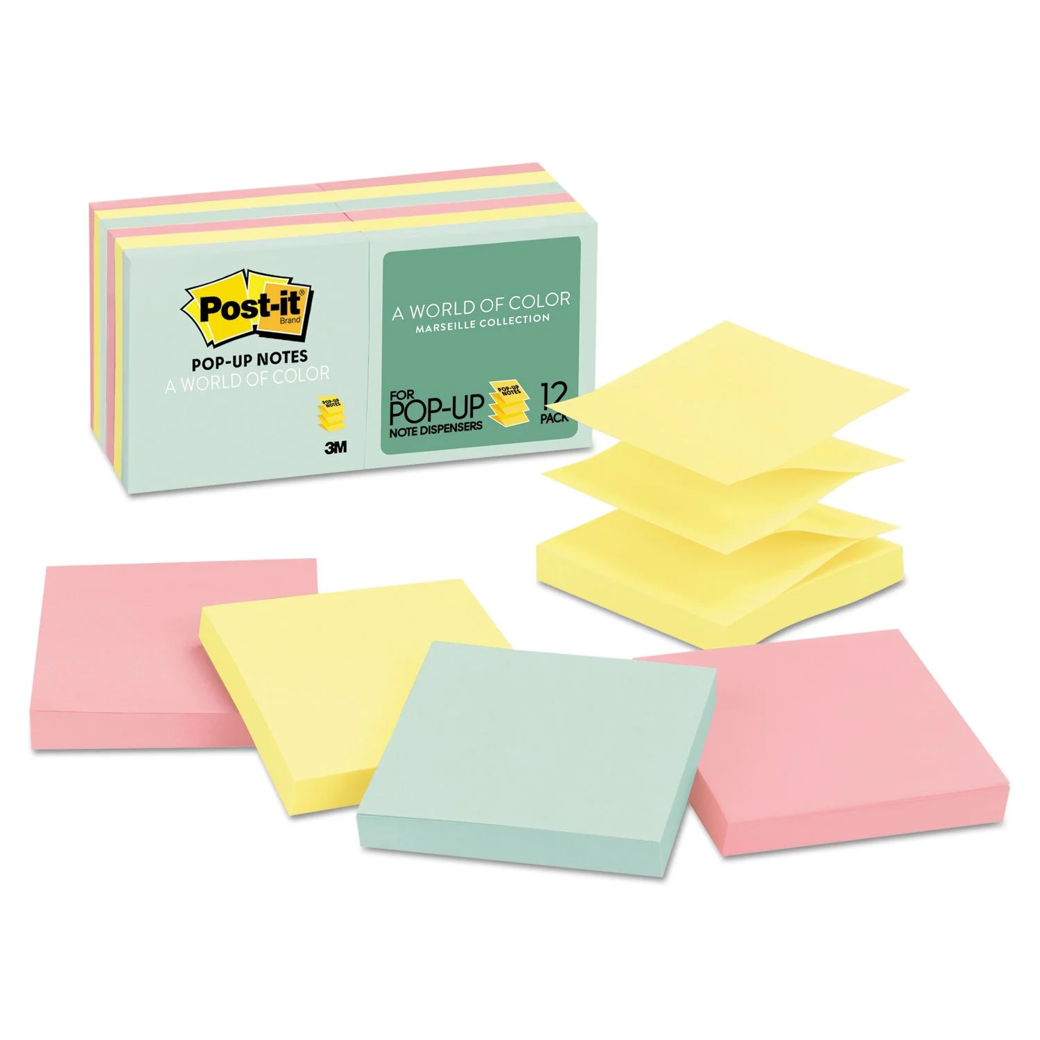 Post-it Pop-up Notes, 3x3 in, 12 Pads, America's 1 Favorite Sticky Notes, Beachside Café Collection, Pastel Colors, Recyclable (R330-12AP) 3" x 3"