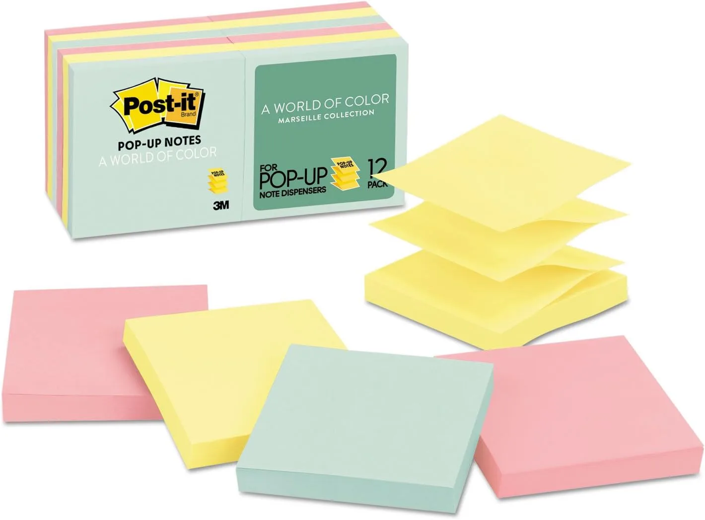 Post-it Pop-up Notes, 3x3 in, 12 Pads, America's 1 Favorite Sticky Notes, Beachside Café Collection, Pastel Colors, Recyclable (R330-12AP) 3" x 3"