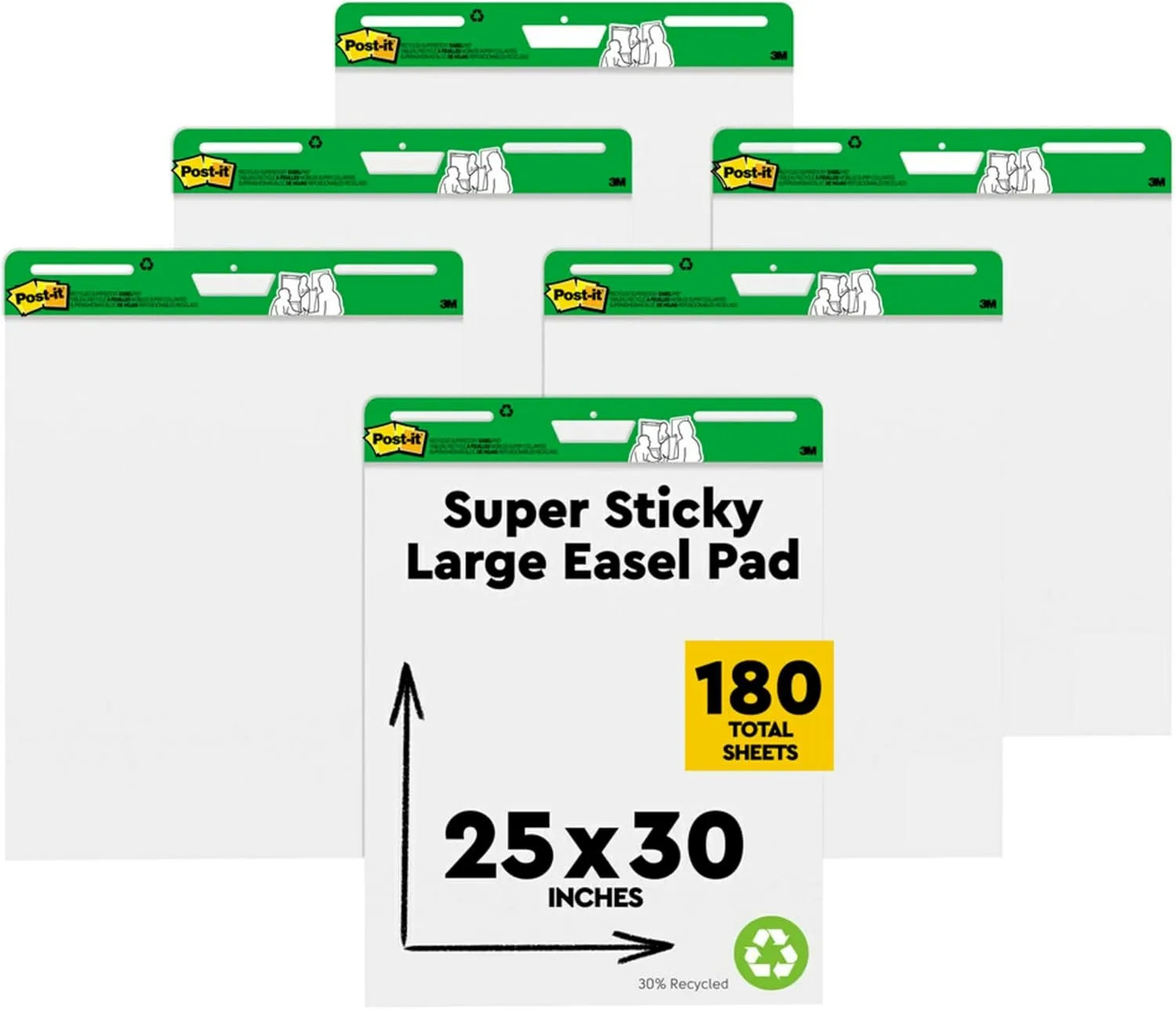 Post-it Easel Pad Made with Recycled Paper, 25 in x 30 in, White, 30 Sheets/Pad, 6 Pads/Pack (559RP-VAD6)