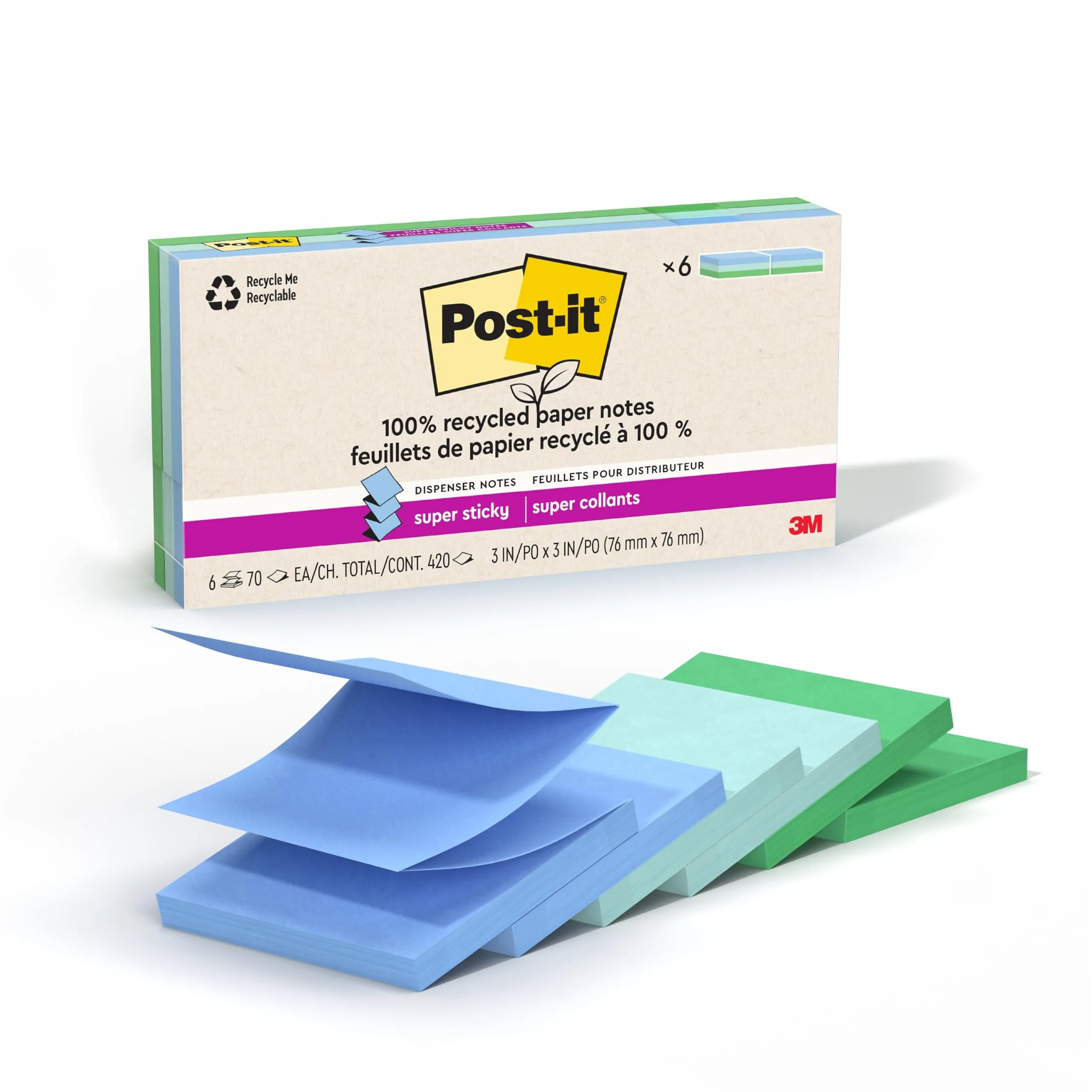 Post-it Super Sticky Pop-Up Notes, 3 x 3 in, 70 Sheets/Pad, Oasis Collection
