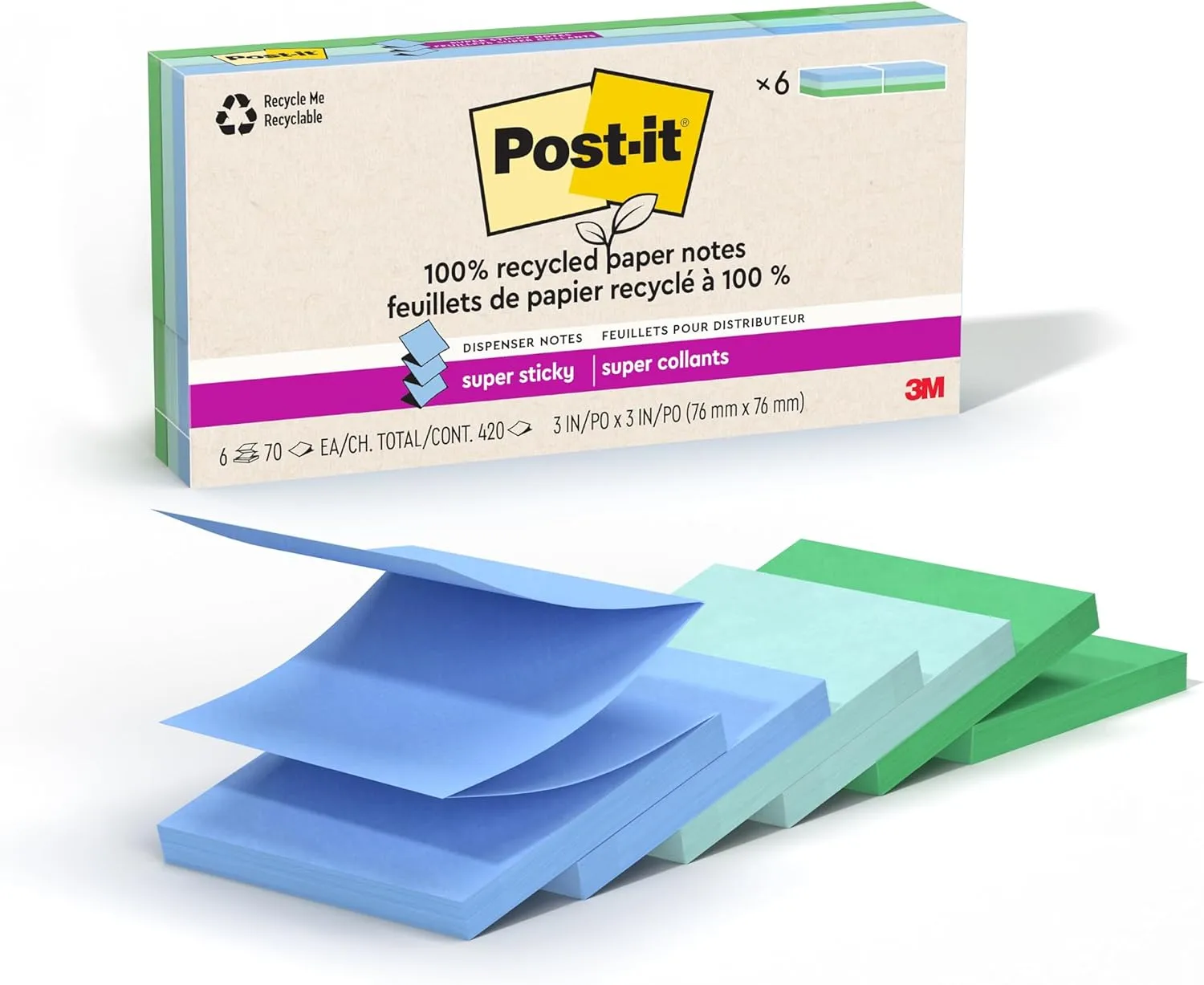 Post-it Super Sticky Pop-Up Notes, 3 x 3 in, 70 Sheets/Pad, Oasis Collection