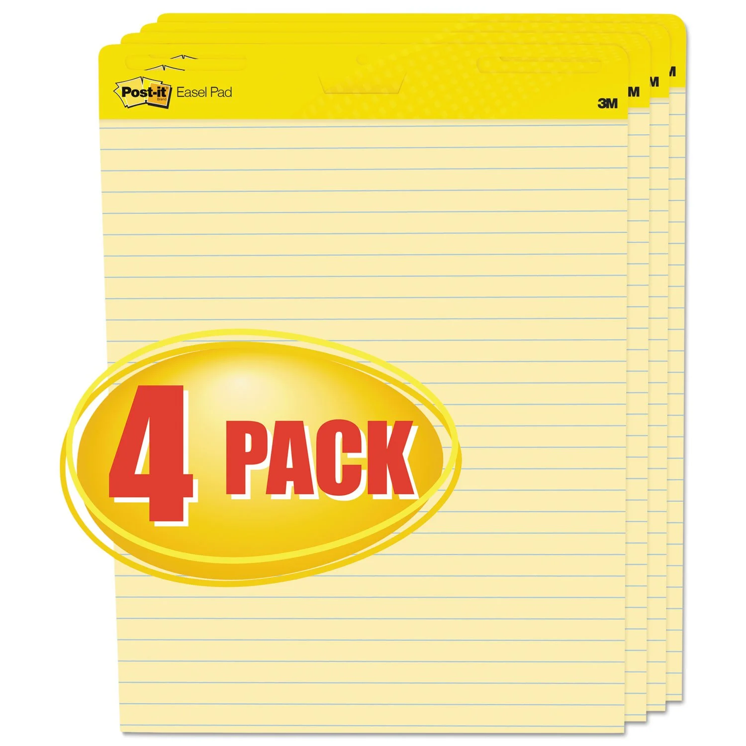 Post-it Super Sticky Easy Pads, 25in x 30in, 4 Pads, 30 Sheets/Pad, Lined, Yellow