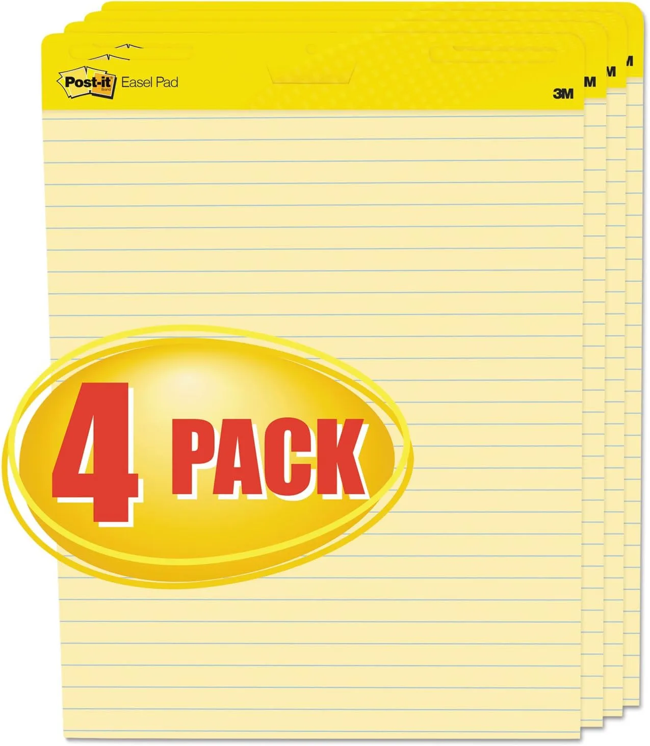Post-it Super Sticky Easy Pads, 25in x 30in, 4 Pads, 30 Sheets/Pad, Lined, Yellow