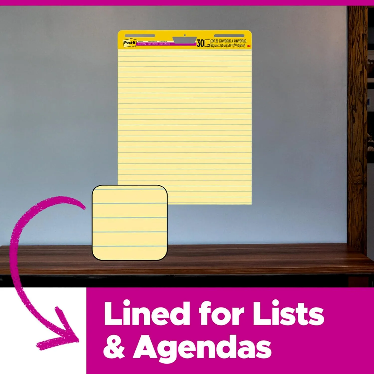 Post-it Super Sticky Easel Pad, 25 x 30 Inches, 30 Sheets/Pad, 1 Pad (561SS), Yellow Lined Premium Self Stick Flip Chart Paper, Super Sticking Power