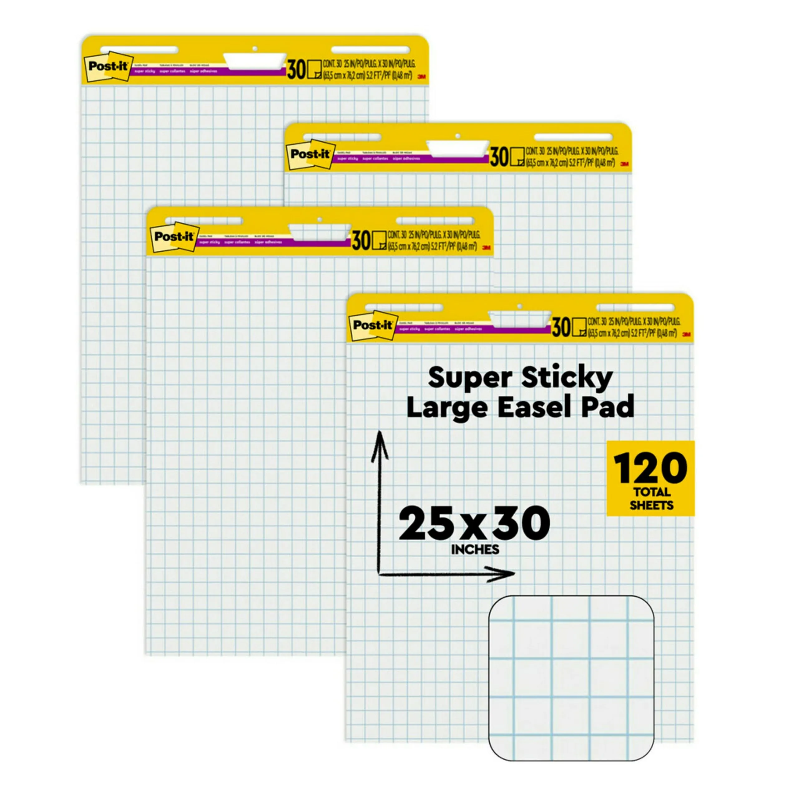 Post-it Super Sticky Easel Pad, Great for Virtual Teachers and Students, 25 x30 Inches, White with Grid, 30 Sheets/Pad, 4 Pads/Pack (560 VAD 4PK)