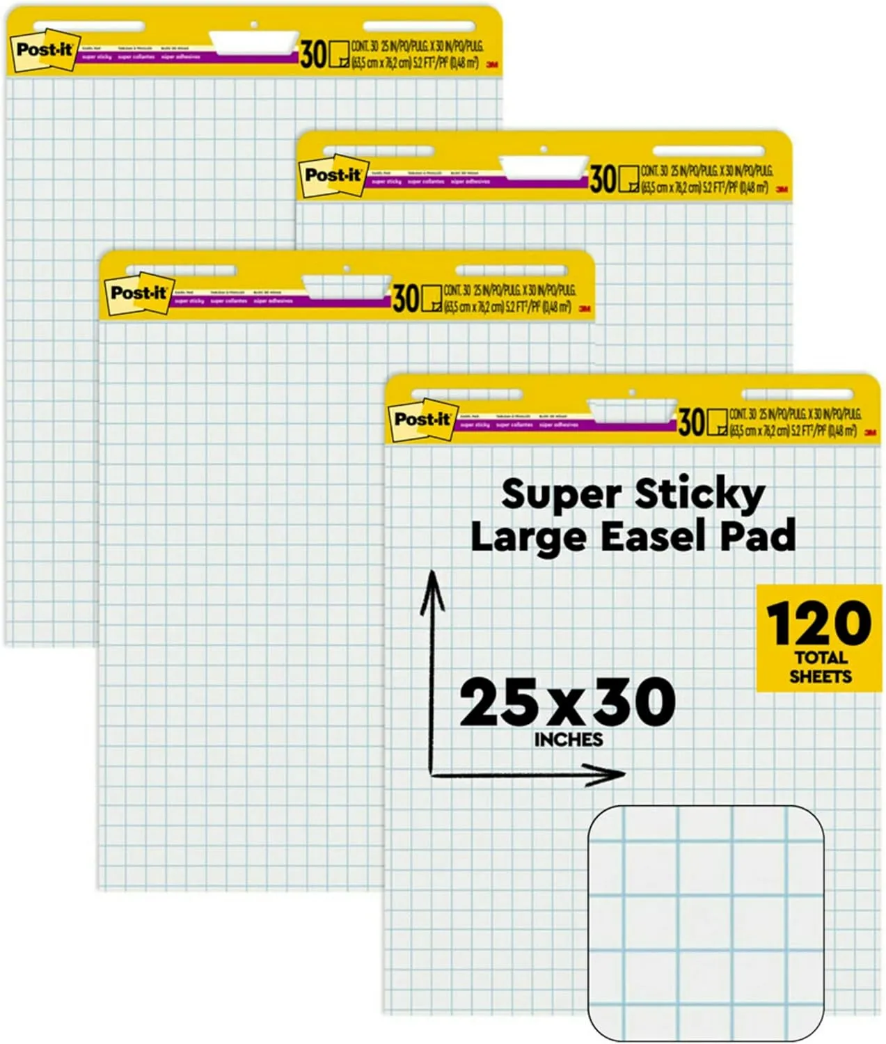 Post-it Super Sticky Easel Pad, Great for Virtual Teachers and Students, 25 x30 Inches, White with Grid, 30 Sheets/Pad, 4 Pads/Pack (560 VAD 4PK)